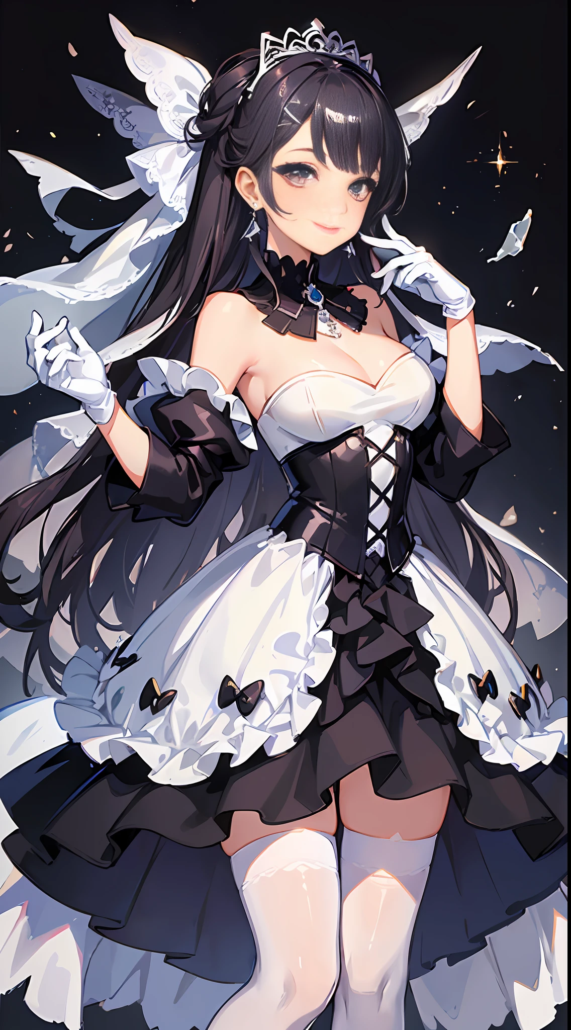 (two-dimensional + fine painting style + smoky makeup) x1.2, (gloves + white stockings + wedding dress) x1.1, (coiled hair + hair accessories + earrings) x1.1, (shiny eyeshadow + glowing eyes + sweet smile) x1.3, high heels x0.95, automatic optimization, second stage.