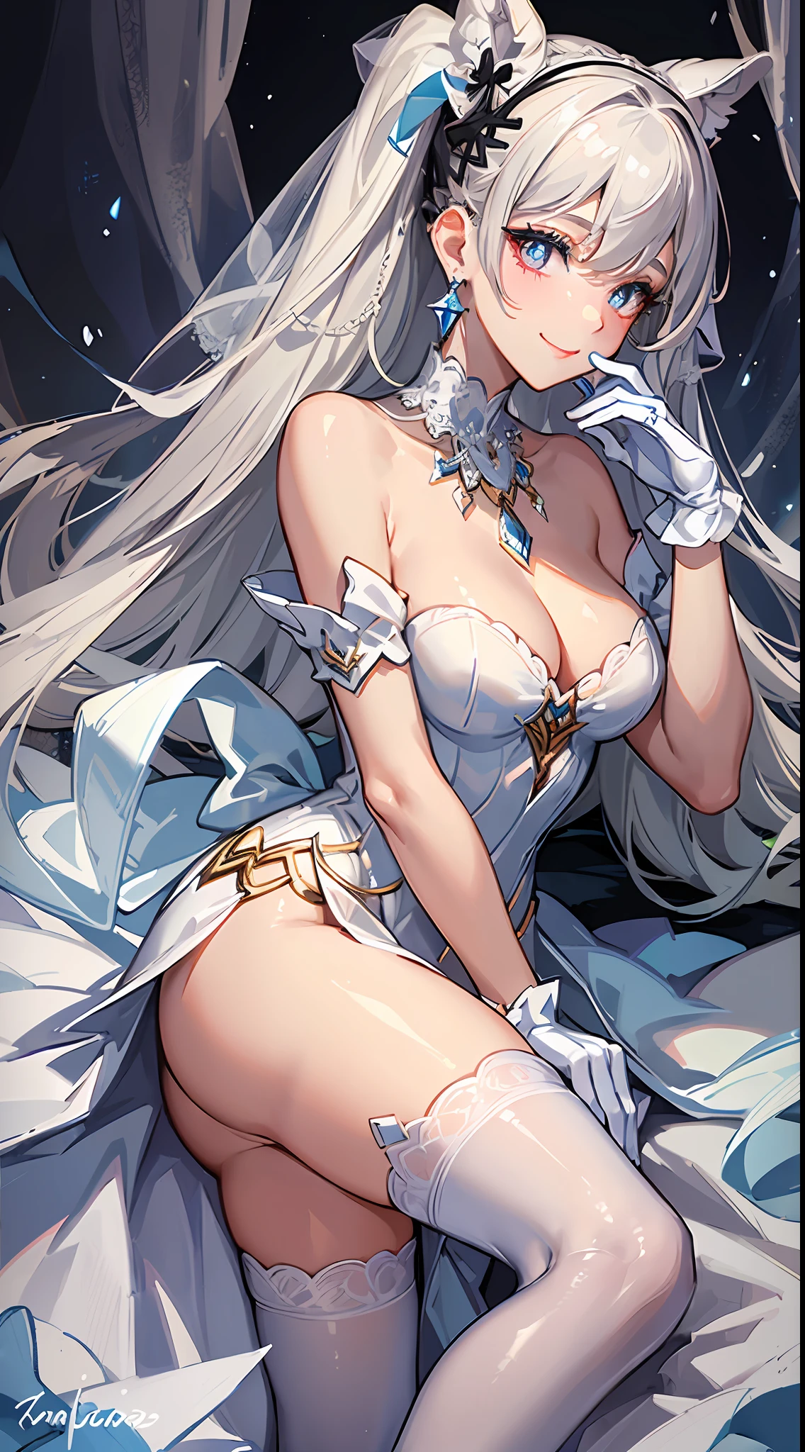 (two-dimensional + fine painting style + smoky makeup) x1.2, (gloves + white stockings + wedding dress) x1.1, (coiled hair + hair accessories + earrings) x1.1, (shiny eyeshadow + glowing eyes + sweet smile) x1.3, high heels x0.95, automatic optimization, second stage.