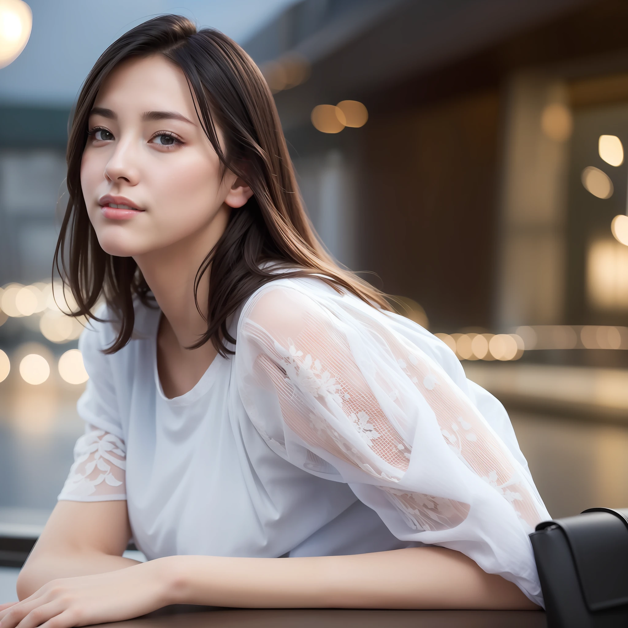 (8k, best quality, masterpiece:1.2), (realistic, photo-realistic:1.37), ultra-detailed,((( 1 girl))),solo,beautiful detailed sky,detailed cafe,night,sitting,dating,(nose blush),(smile:1.15),(closed mouth) small breasts,beautiful detailed eyes,(shirt:1.1), night, wet, rain,white lace, (short hair:1.2),floating hair NovaFrogStyle, ((full body)),stand, sexy, cute