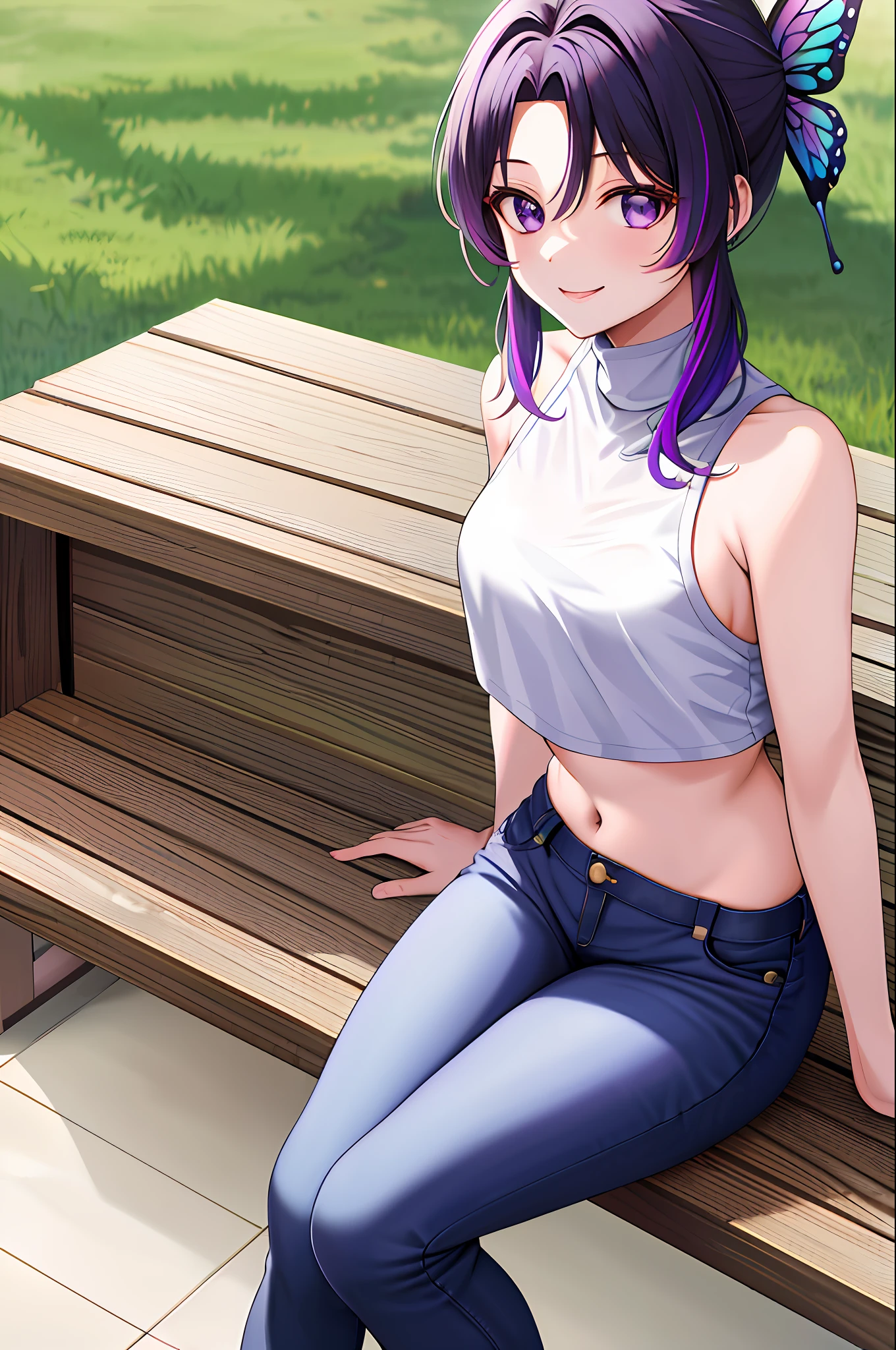 masterpiece, best quality, highres, 1girl, solo, kochou shinobu, butterfly hair ornament, purple eyes, multicolored hair, short hair, parted bangs, short jeans, crop top, turtleneck, navel, sitting, bench, outdoors, smile, white shirt, alternate crop top,