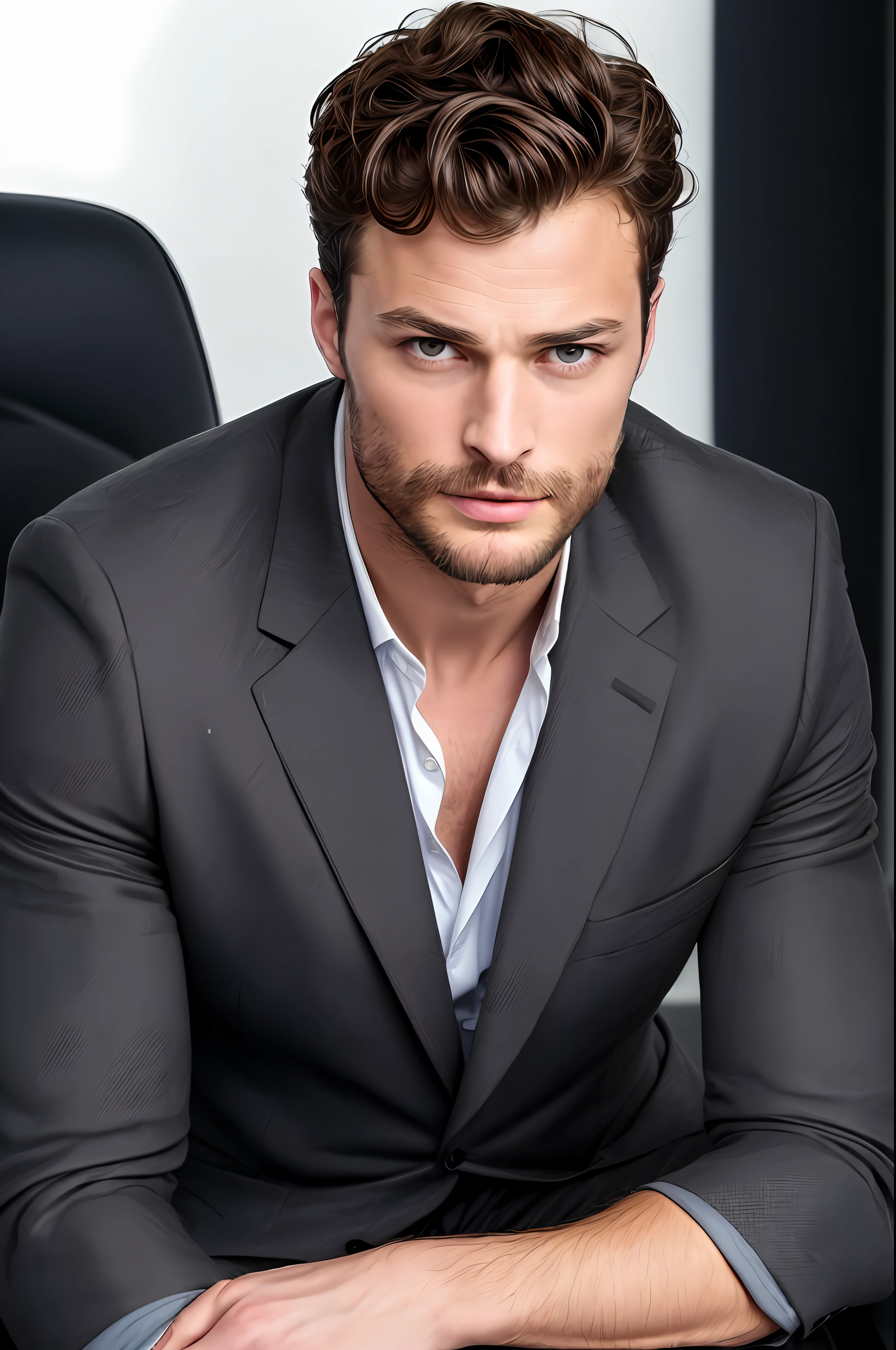 ((half body)) RAW Photo Ceo man sitting in an office chair, wearing black suit, (Using dark and attractive beard) movie scene, (Impeccable) ,Serious and elegant man, Actor Jamie Dornan, with thick male eyebrows, secret agent 007 man style, (with mysterious and serious face,) short dark hair, dark black background image,elegant and elegant, Man similar to actor Jamie Dornan, ( high quality and realistic image), ((Best Quality, 8k, Masterpiece).