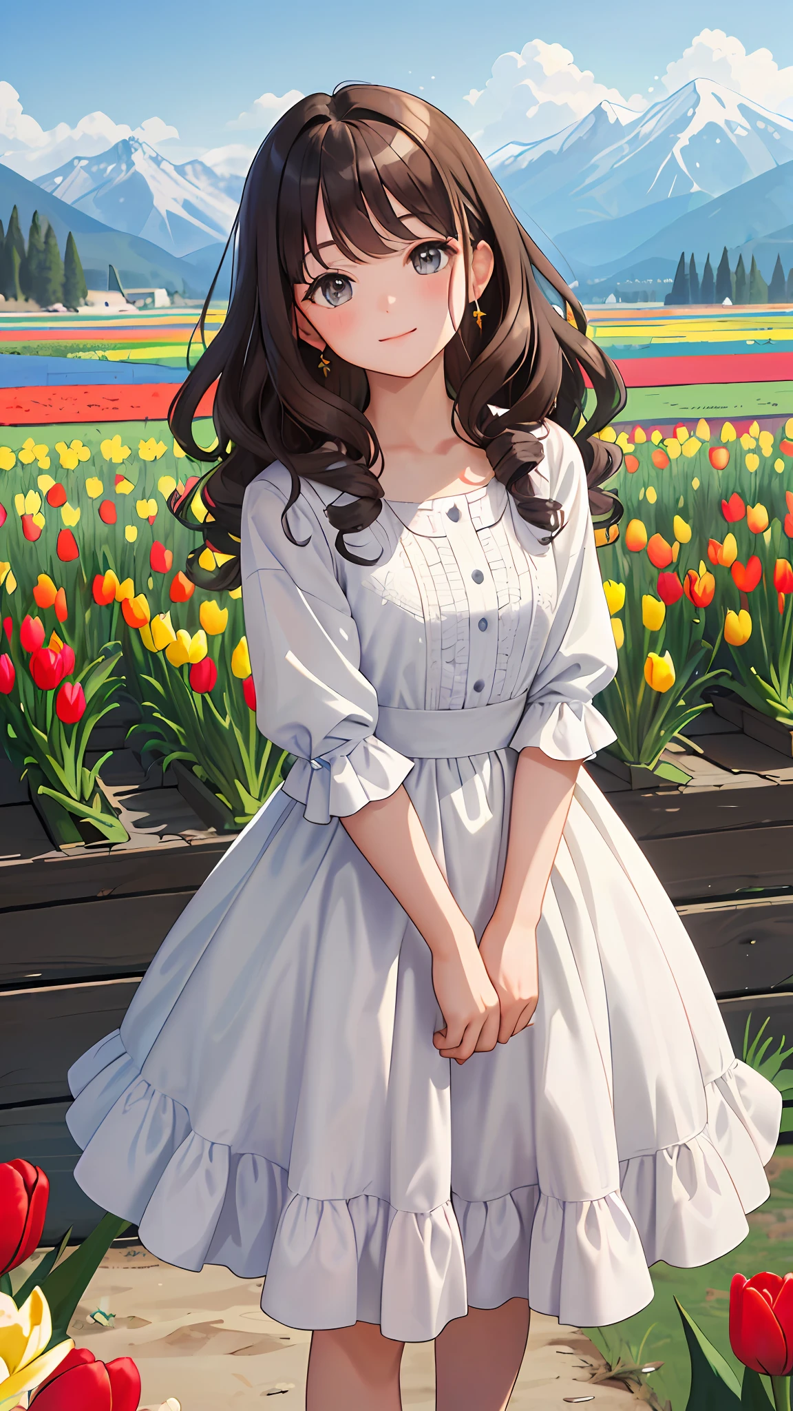 (Masterpiece, best quality: 1.2), looking at the viewer, wavy curls, (bright skin: 1.2), {outdoors}, {wide background}, {upper body|cowboy lens|full body}, tulip flowers all over the mountains, gray eyes,
brunette