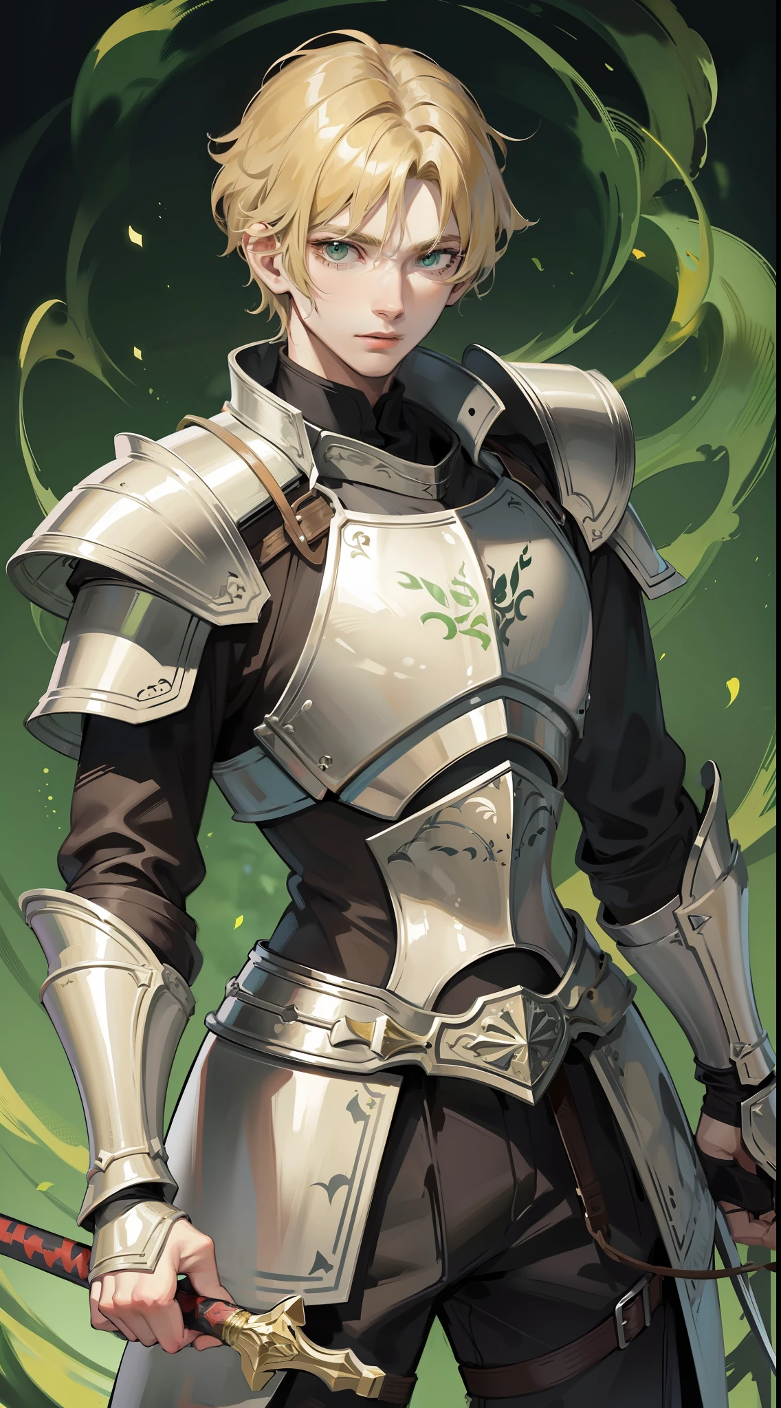 Young guy, short blonde hair, green eyes, scar on his face, light knightly armor, shield and sword, open hands, masterpiece, high quality