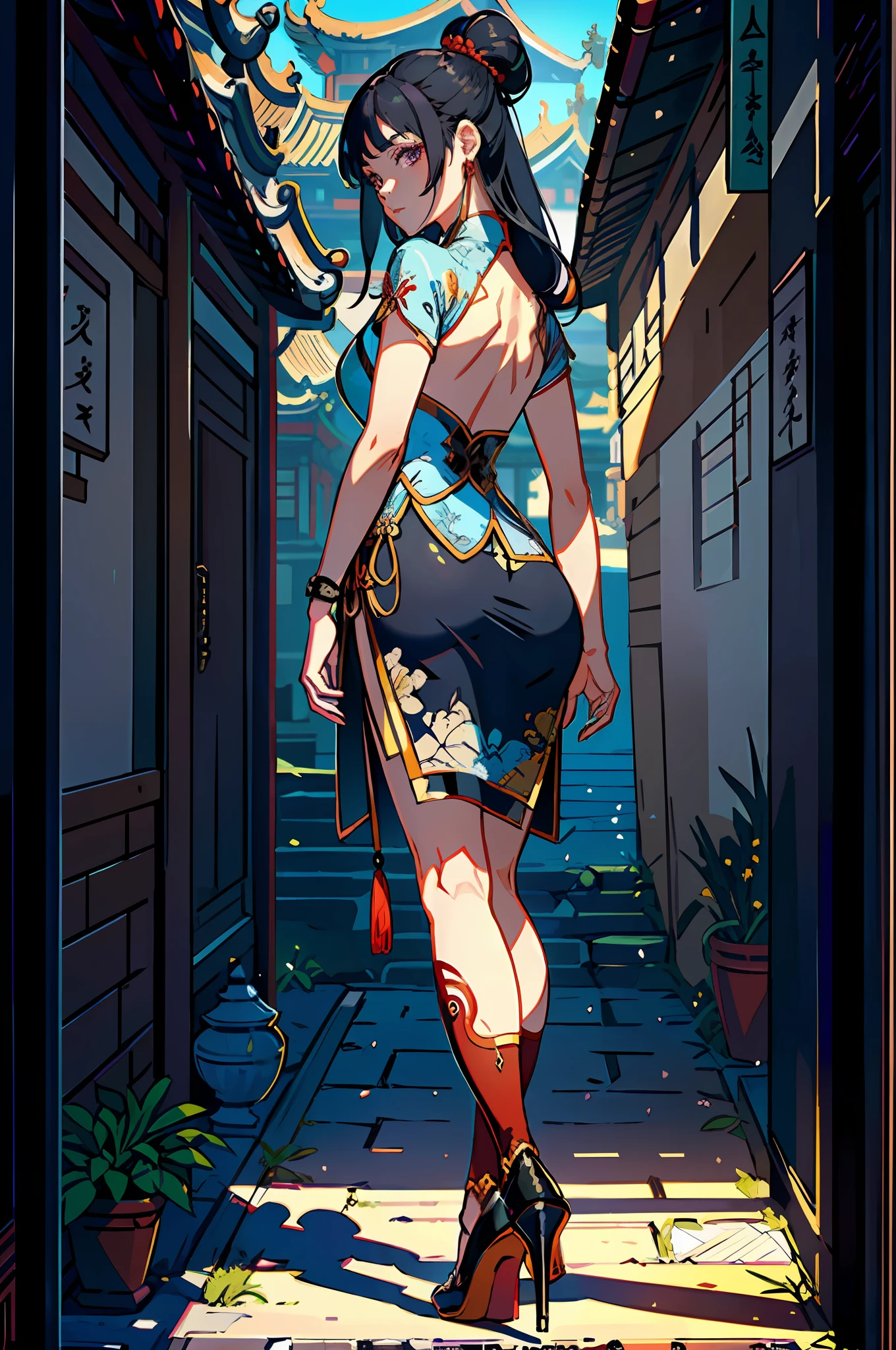 (((masterpiece, top quality, illustrations, details))), (((Highly detailed CG Unity 8k wallpaper, high resolution)), (Detailed face and eyes: 1.1), amazing, (detailed face),
1 girl, big ass, black hair, long hair, solo, photo background, from behind, , red heels, standing, full body, with your back turned,,
purple chinese dress,
ancient buildings of China,
