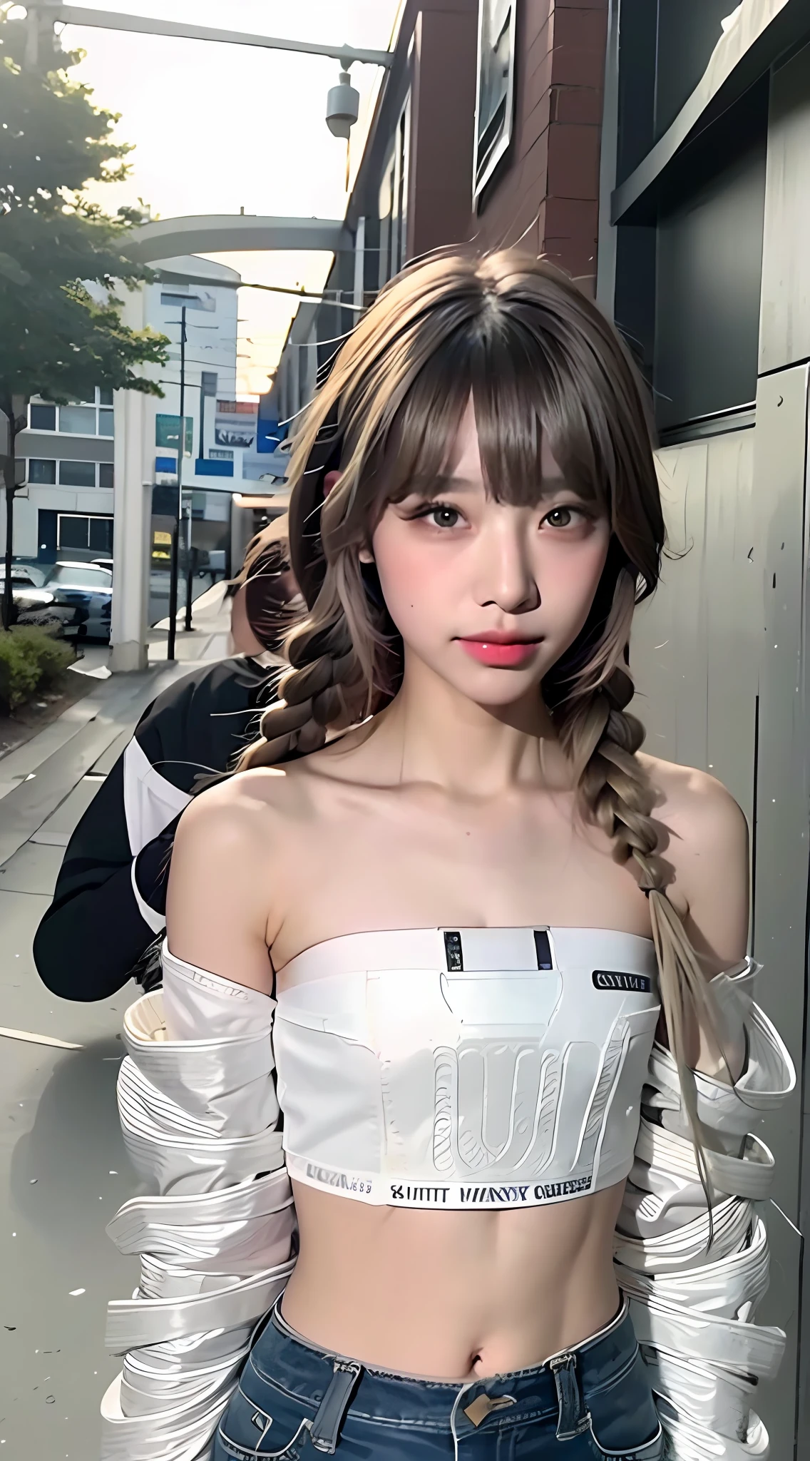 ((Realistic lighting, Best quality, 8K, Masterpiece: 1.3)), Clear focus: 1.2, 1girl, Perfect body beauty: 1.4, Slim abs: 1.1, ((dark brown hair)), (White crop top: 1.4), (Outdoor, night: 1.1), City streets, Super fine face, fine eyes, double eyelids, high school student, long hair with twisted braids