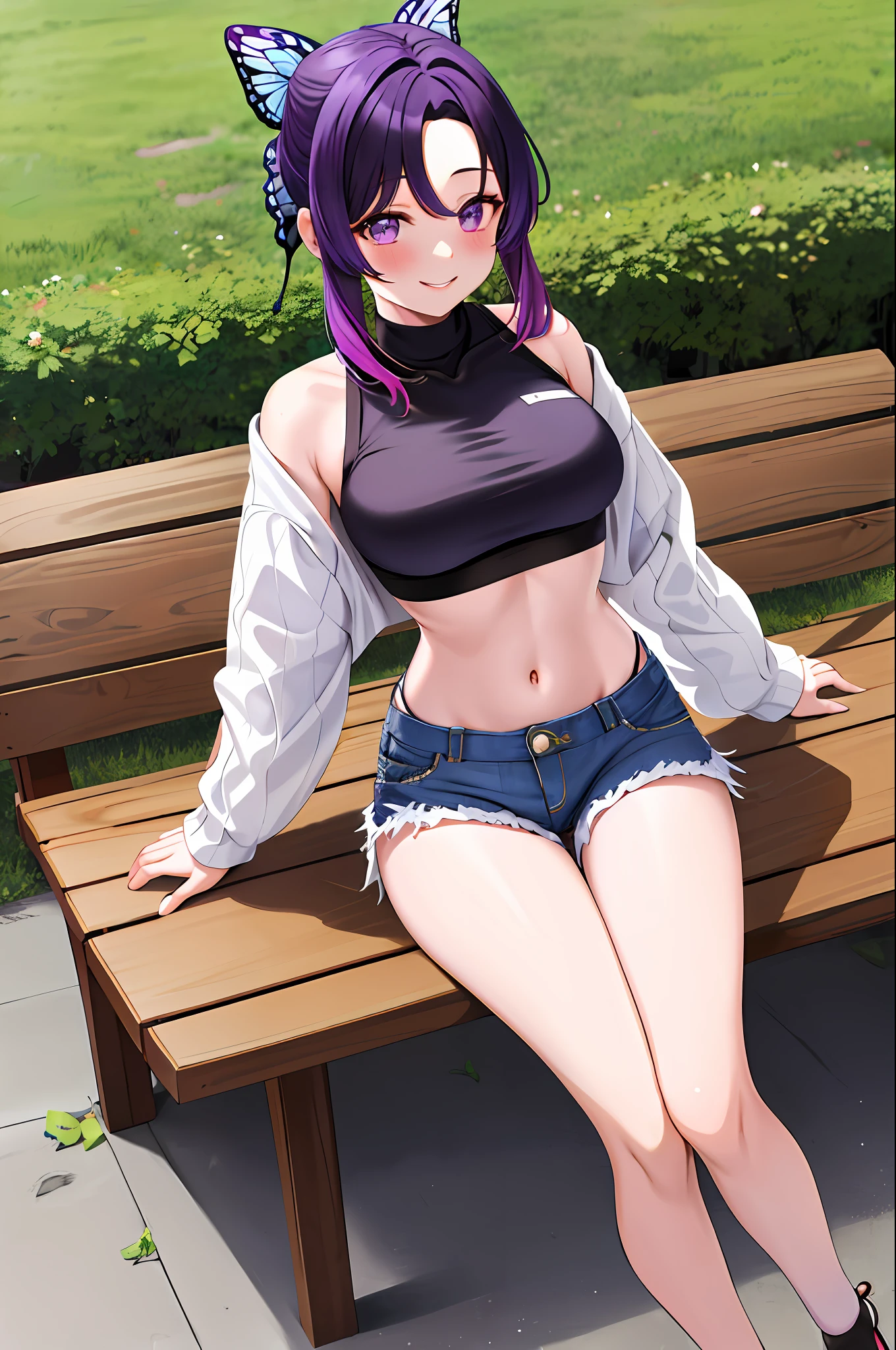 masterpiece, best quality, highres, 1girl, solo, kochou shinobu, butterfly hair ornament, purple eyes, multicolored hair, short hair, parted bangs, short jeans, crop top, turtleneck, navel, sitting, bench, outdoors, smile, white shirt, alternate crop top, sexy pose, blush, shy, smile,