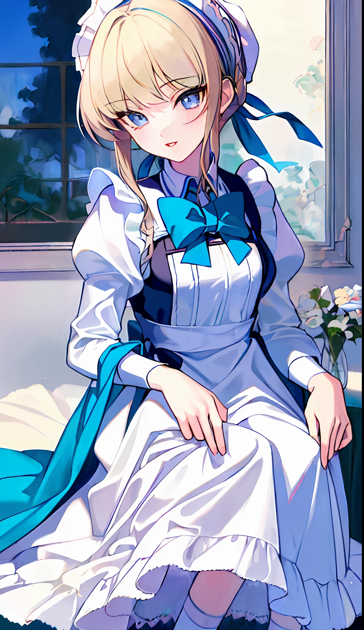 18-year-old beautiful girl, ((((Masterpiece)))), (((highest quality)))), (((Very detailed))), detailed fingers, precise fingers, not unnatural hands, illustration, 1 girl, solo, tied blonde, blue eyes, long-sleeved maid clothes, white high socks, TOKI,