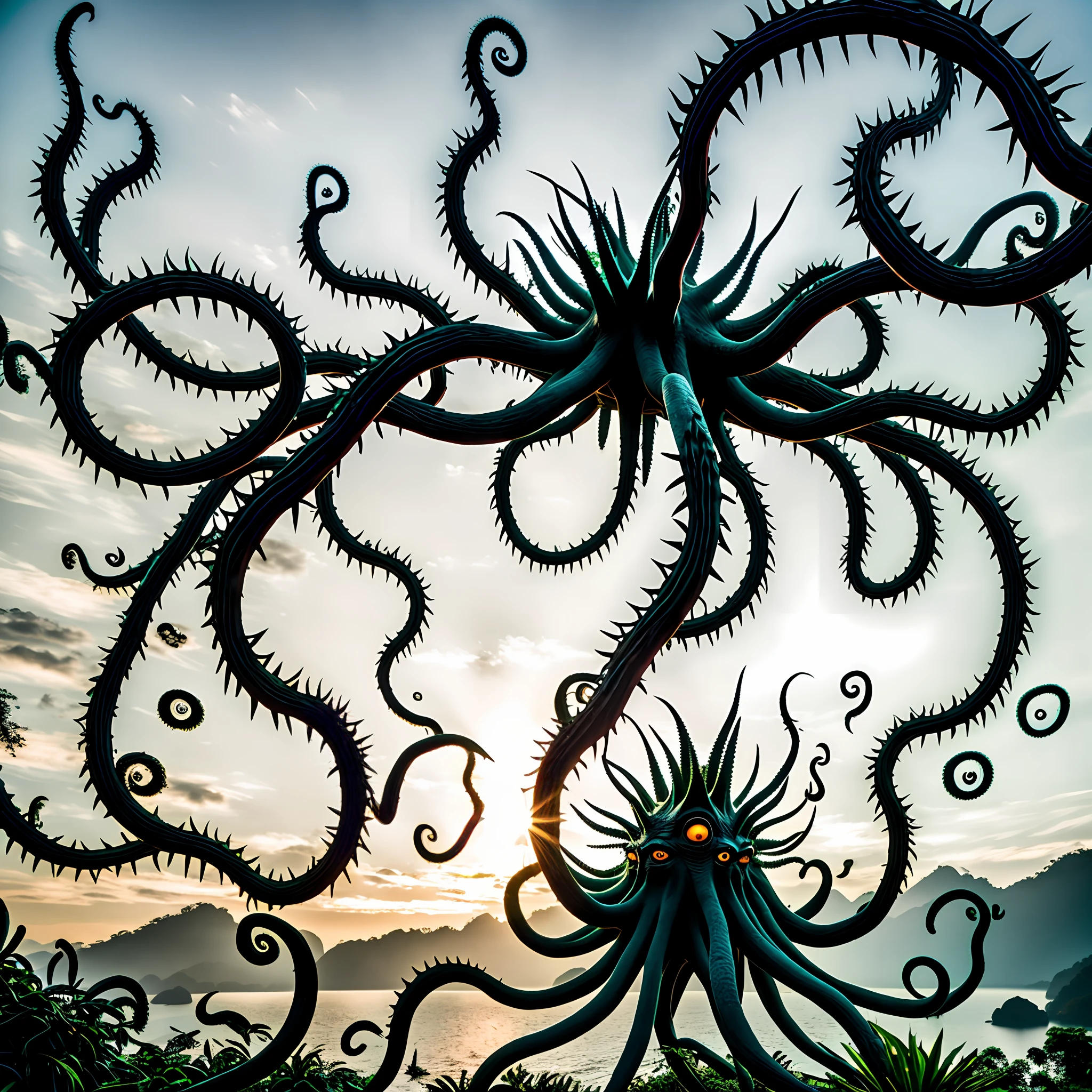 Background Jungle scenery, The monster appears to be comprised of a body made of interwoven thorny branches, body is no like human is like unregular ball, with a shape similar to an octopus. It has eight thin, thorny arms resembling tentacles, each ending in a sharp, on some arms are eyes