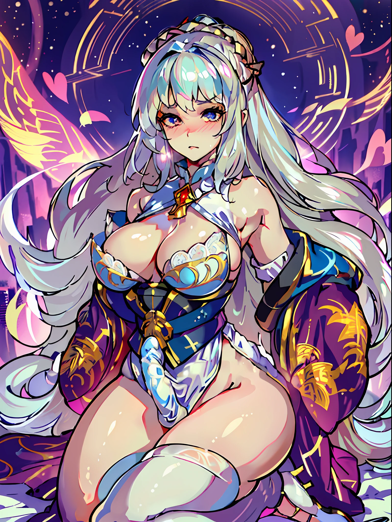 best quality ,masterpiece, illustration, an extremely delicate and eautiful, extremely detailed ,CG ,unity ,8k wallpaper, Amazing, finely detail, masterpiece,best quality,official art, ultra-detailed, highres, extremely detailed,enhanced resolution, exquisite detail, 8K clarity, full-body portrait,regal presence, 1girl,Queen, princess, witch, blue heart-shaped pupils, extremely large bosom, exposed shoulders,long flowing hair,((( white/silver hair))), downward gaze, silk robe, jewelry embellishments,magical halo, celestial aura, starry magic, ample bosom, disdainful expression, golden orb, separated sleeves, tassels, , expression of disdain,indifferent face, expression of disgust,(((Updo))),(((White knee socks))),(((Thigh frenulum))), white forearm sleeves,(chinese clothes) ,Witch costume,miko attire ,(((golden open-toe high heels))),delicate lace accents, lace details, majestic crown, precious jewels, golden lac,(((erection under clothes 1))),(((bulge))),(((penis bulge)))