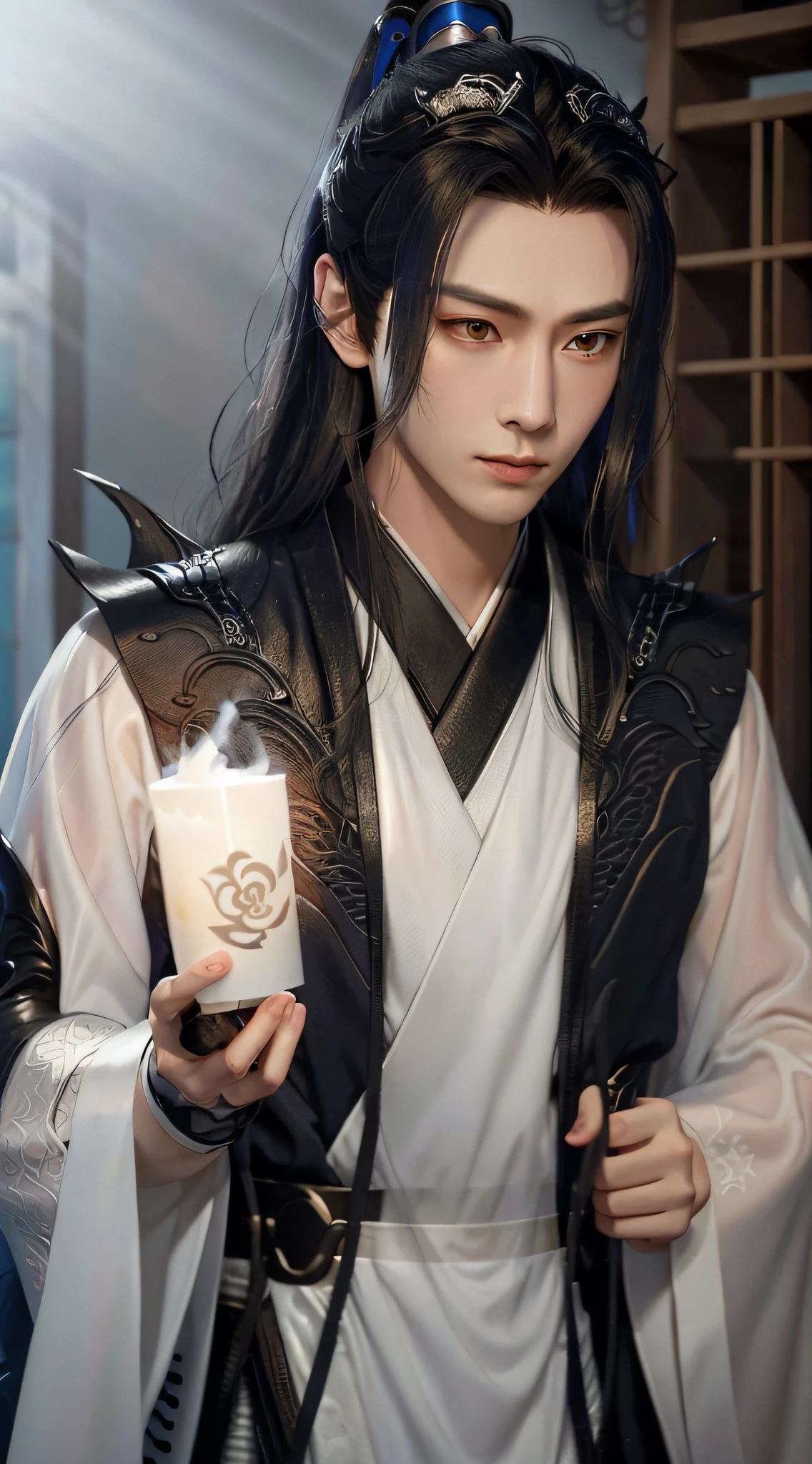 Realistic skin texture, highly detailed, 8k wallpaper, volumetric lighting, dynamic lighting, black long-haired man, long hair fluttering, silver lotus-shaped imprint on forehead, Chinese style white robe, black embroidery pattern, dynamic perspective, cloudy and foggy, ancient Chinese architecture, fairy magic, blue lightning winding,