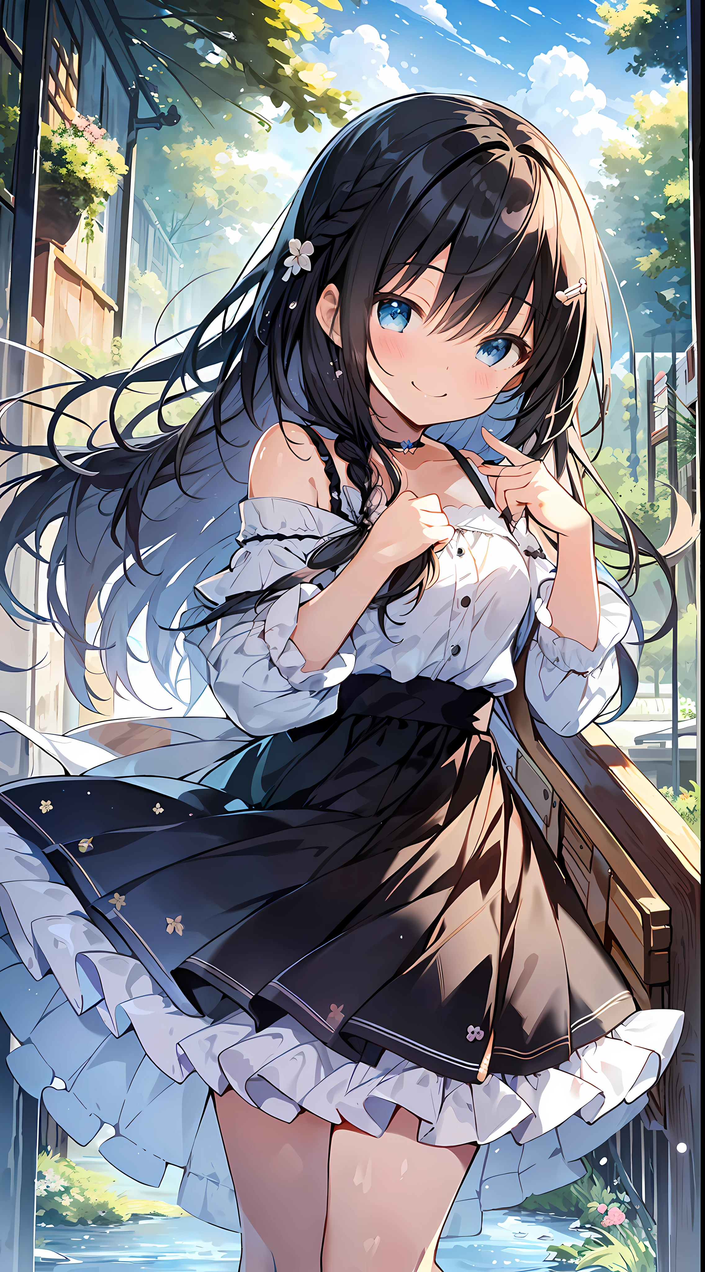 Top Quality, Masterpiece, Ultra High Definition, 8K, Summer Sky, Early Summer, ((Light Blue Ruffled Tops, Mini Skirts, High Heels)), Shojo Manga Style , One, Soft Line Art, Digital Enhancement, Shojo Manga Touch, Shojo Manga Core, Flowing Fabric, Close Up, (Hair length and short braid to the shoulders)), wet hair, staring at us from the front, soft drawing, Beautiful black hair, clear eyes, ((teasing smile)), ultra-detailed digital anime art, clear face depiction, ultra-detailed shojo manga character art, ultra-detailed manga style, top quality colors, hand gestures, landscape with nature, looking up at the sky, angle that can see up to your feet