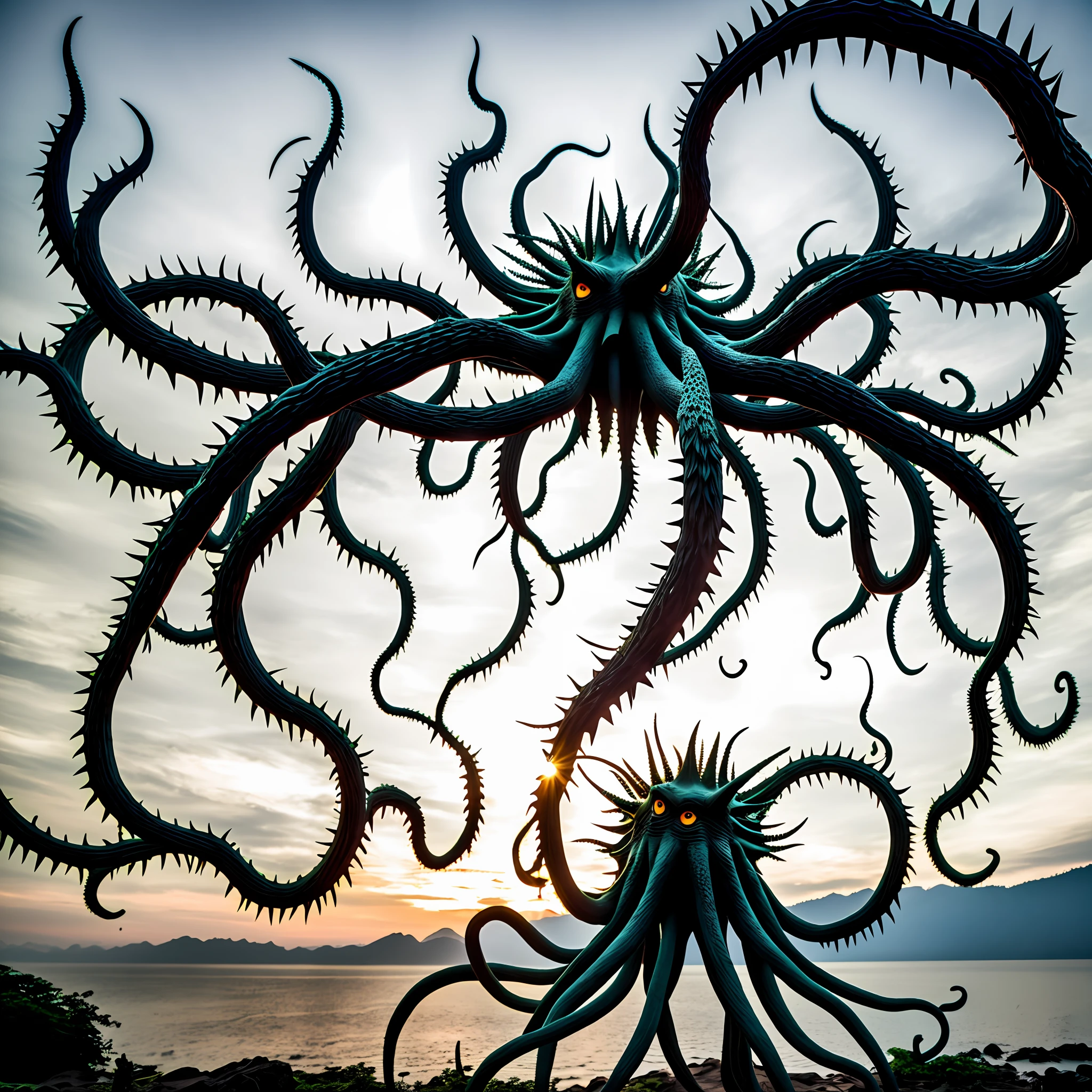 Jungle scenery, The monster appears to be comprised of a body made of interwoven thorny branches, body is no like human is like unregular ball, with a shape similar to an octopus. It has eight thin, thorny arms resembling tentacles, each ending in a sharp, on some arms are eyes