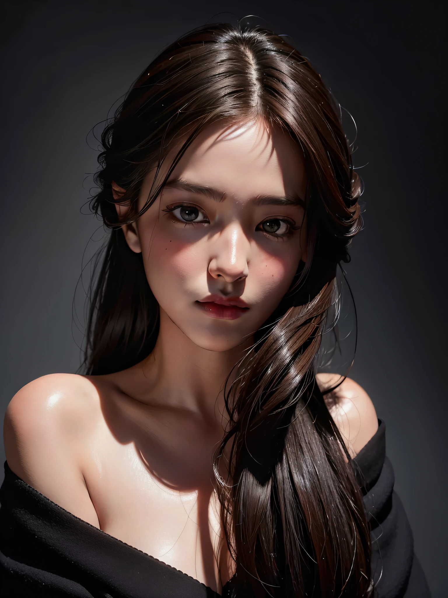 Best quality, masterpiece, ultra high res, (photorealistic:1.4), raw photo, 1girl, offshoulder, in the dark, deep shadow, low key, cold light