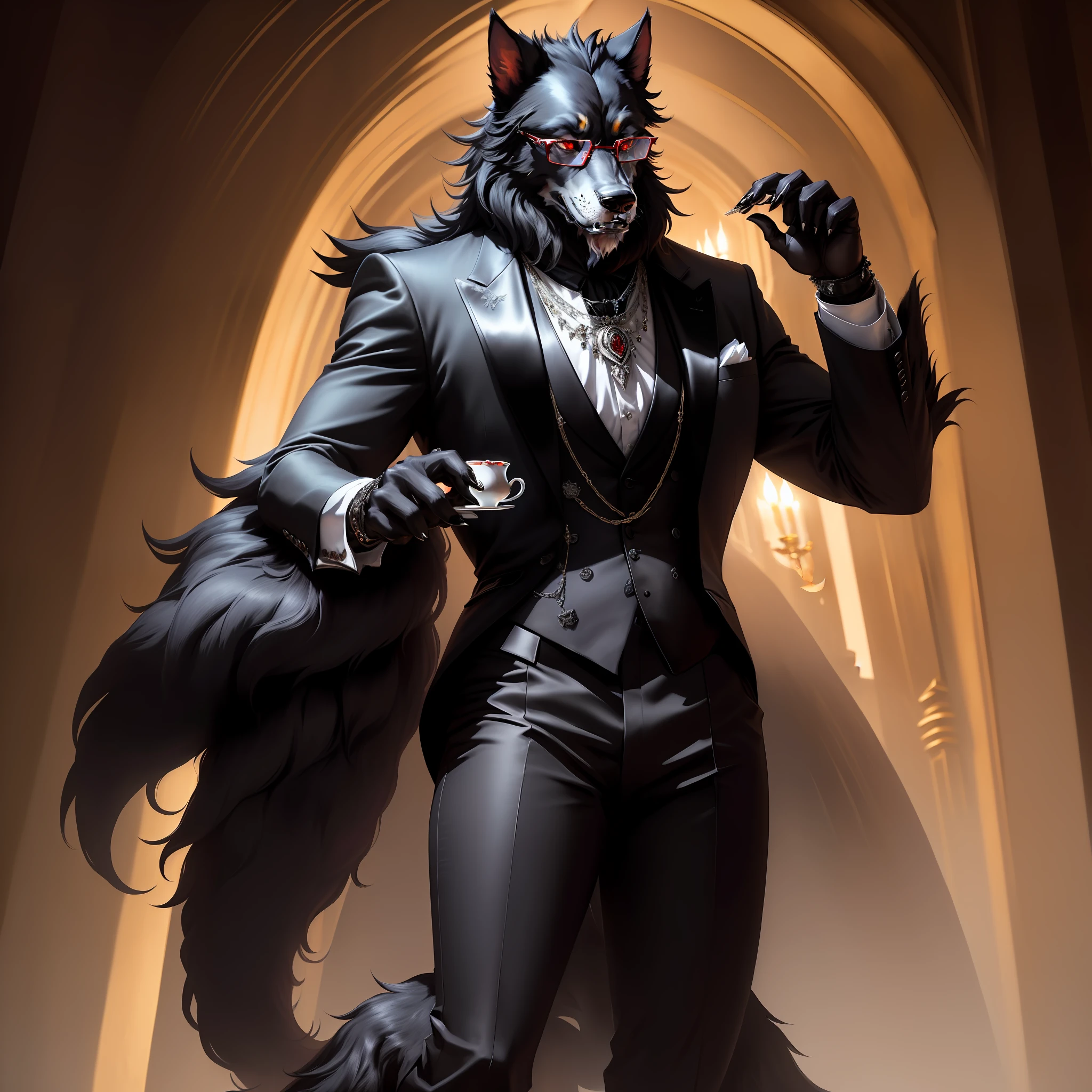An exquisite masterpiece of a werewolf with a full-body black fur, adorned with a necklace of five teeth, shiny red eyes. This high-quality image showcases the werewolf donning a sleek butler outfit and glasses. The embarrassed expression adds a charming touch to the already sophisticated yet fierce aura. Serving a tea with werewolf hand.
