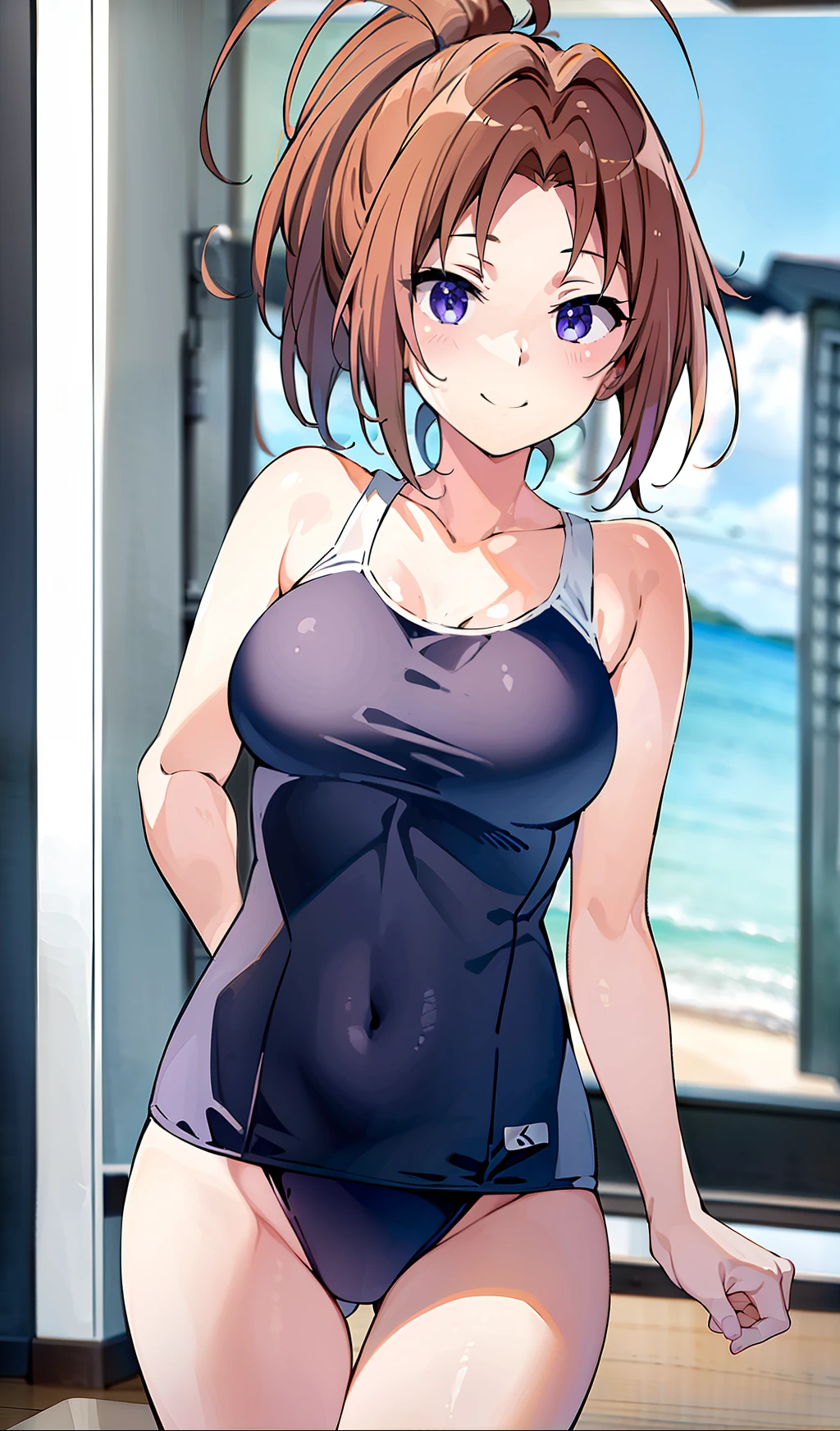 (masterpiece, best quality, 8k, highres:1.2), school swimsuit, smile