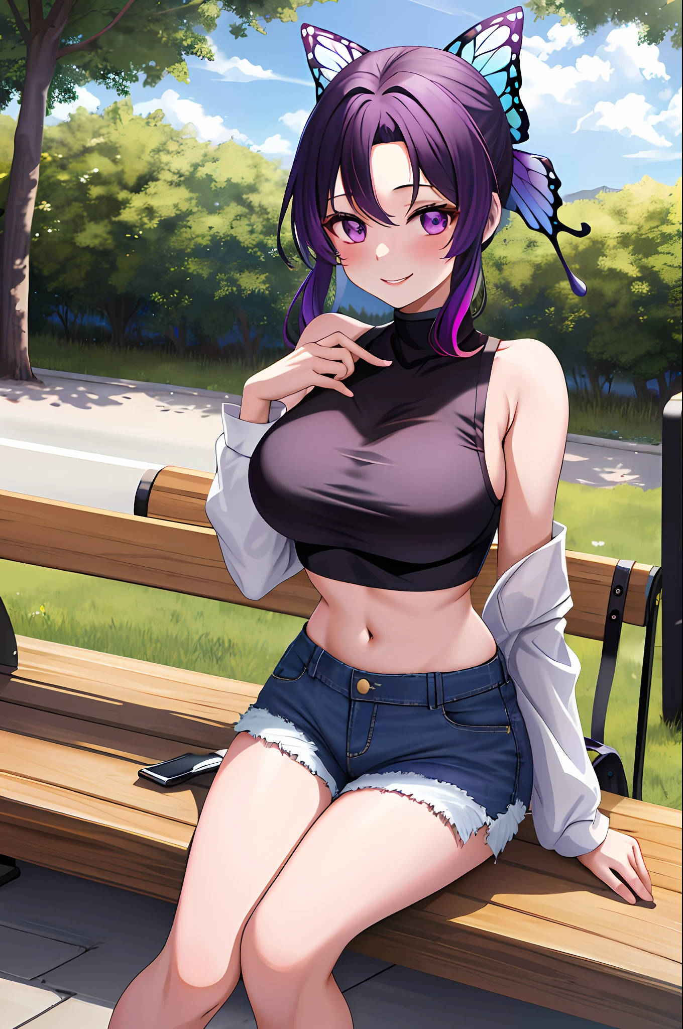 masterpiece, best quality, highres, 1girl, solo, kochou shinobu, butterfly hair ornament, purple eyes, multicolored hair, short hair, parted bangs, short jeans, crop top, turtleneck, navel, sitting, bench, outdoors, smile, white shirt, alternate crop top, sexy pose, blush, shy, smile,