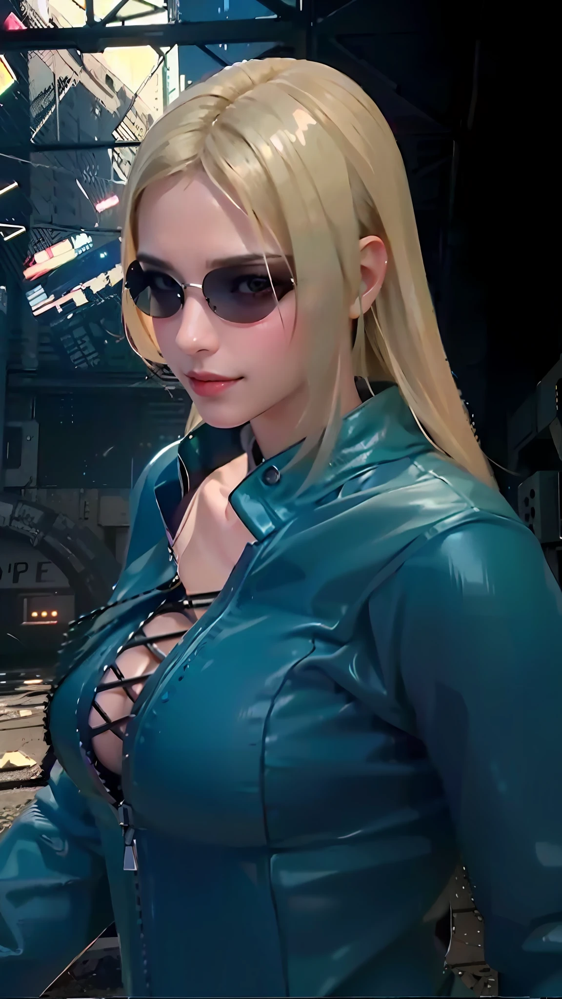 Lolita, smiling, 20 years old, ((best quality)), ((masterpiece)), (high definition:1.3), 3d, beautiful (cyberpunk:1.3), stylish woman looking at camera green leather clothes, blue-black leather pants, silver zipper,belt below the waist,super fine illustration,blond hair , showing forehead, silver center zipper, leather blue black bodysuit, sleevelesblue blacks, shiny,
