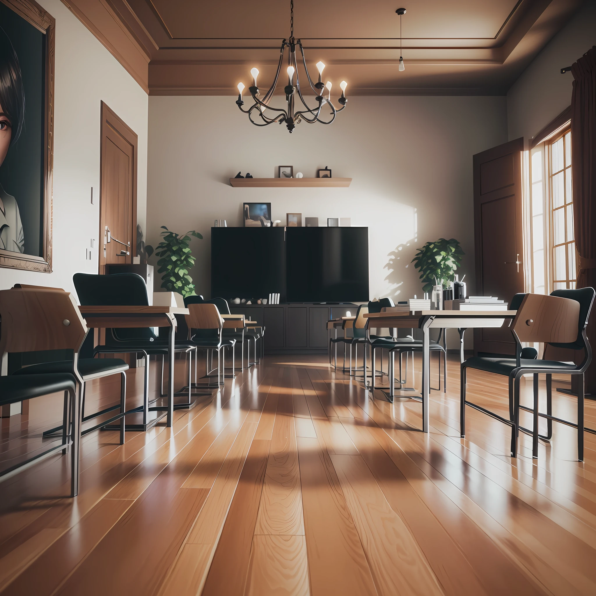 there is a room with a tv and a table and chairs, photorealistic cinematic render, rendered in unreal engine 6, rendered in unreal engine 5, rendered in corona, unreal 5 engine rendered, rendered in 8 k unreal engine, realistic cinema 4 d render, hdr render in unreal engine 5, cinematic render unreal engine, rendered in unreal engine 4k hq