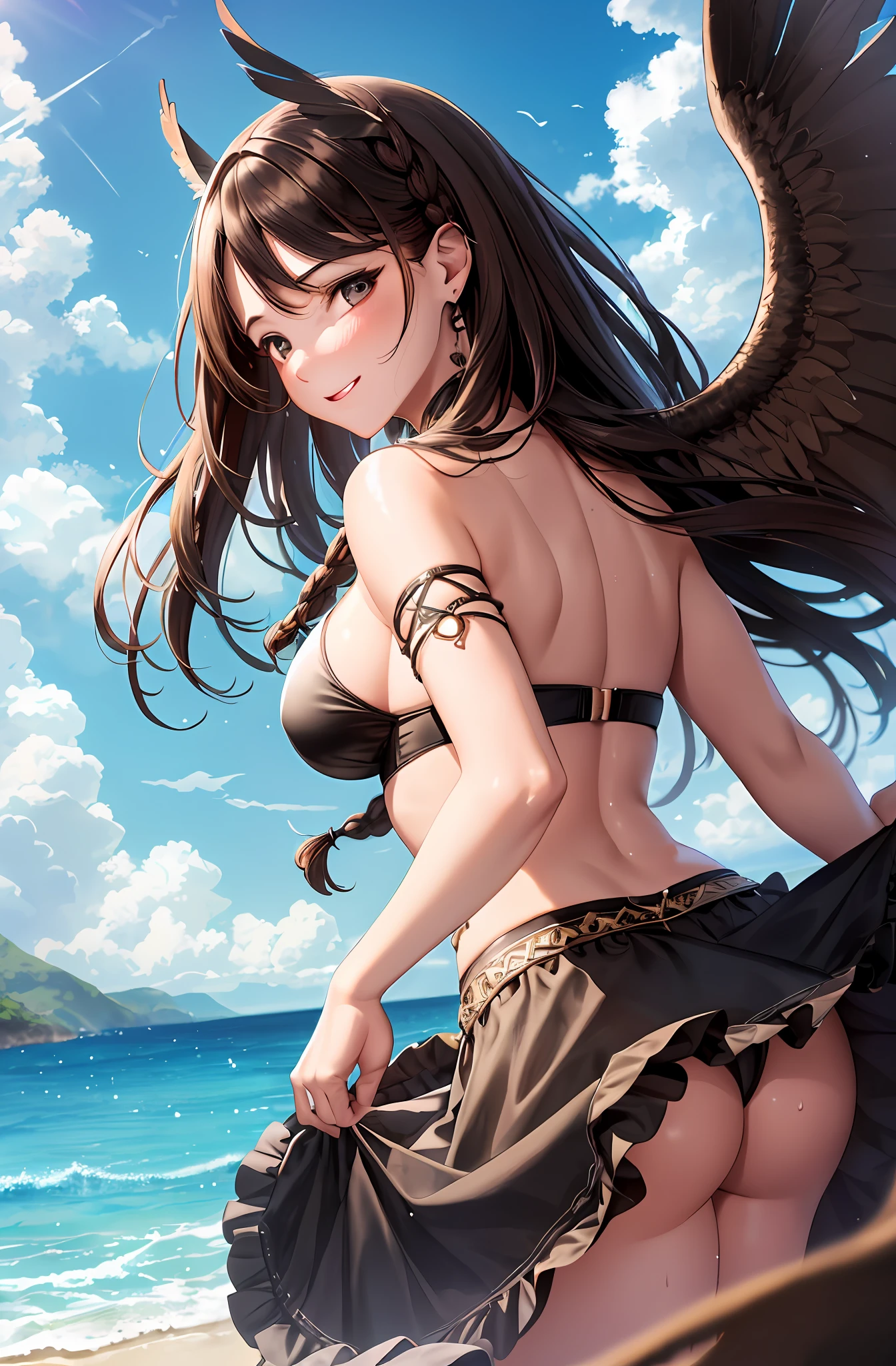 Top quality, ultra high resolution, (photorealistic: 1.4), big. On the back large wings. Brown hair in braids, long braided hair, black feathers on the back. Devil's wings. Close your eyes. Blush. In the room. Sweat. Long skirt. Bikini. Smiling face. Sea. Beach. Lift the skirt.