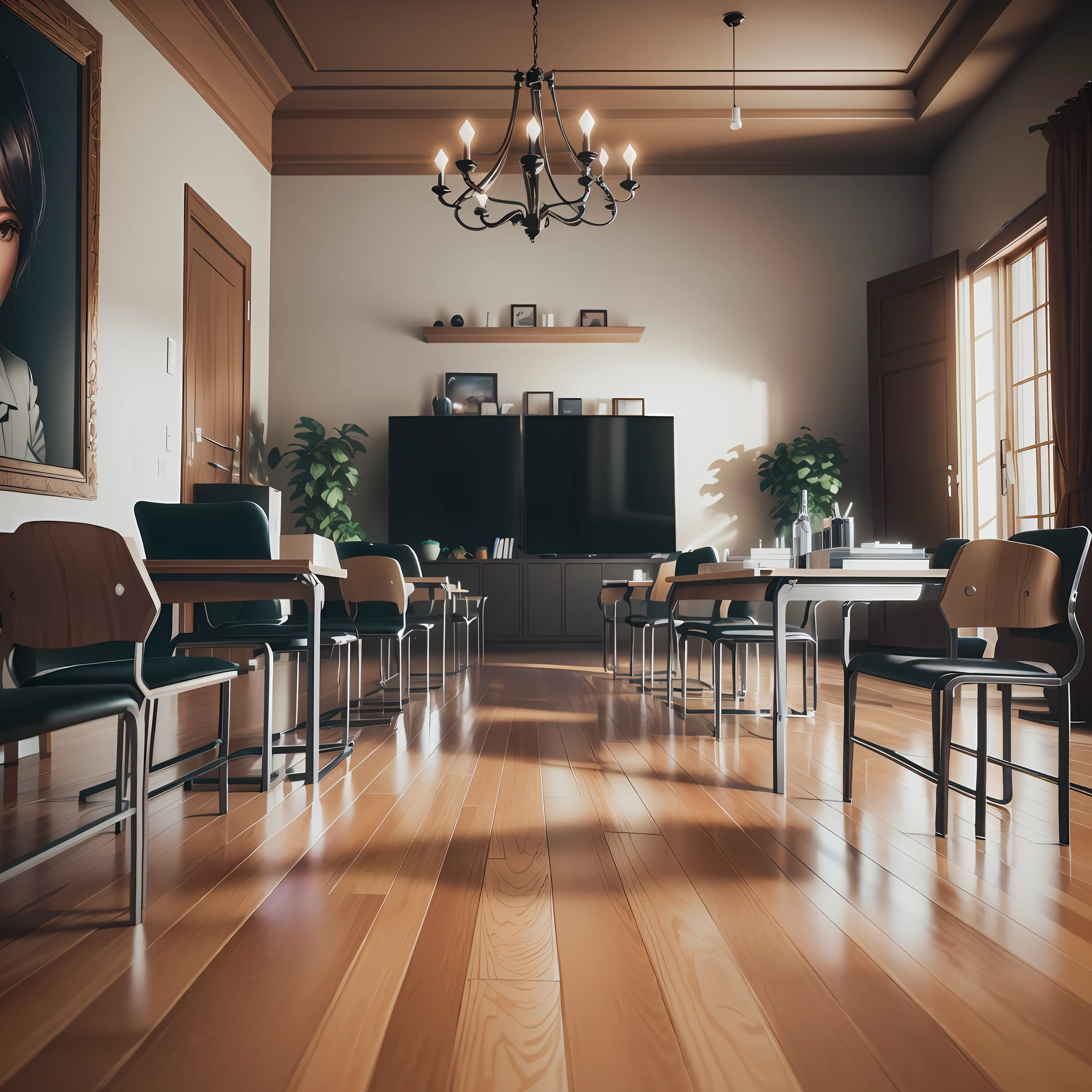 there is a room with a tv and a table and chairs, photorealistic cinematic render, rendered in unreal engine 6, rendered in unreal engine 5, rendered in corona, unreal 5 engine rendered, rendered in 8 k unreal engine, realistic cinema 4 d render, hdr render in unreal engine 5, cinematic render unreal engine, rendered in unreal engine 4k hq
