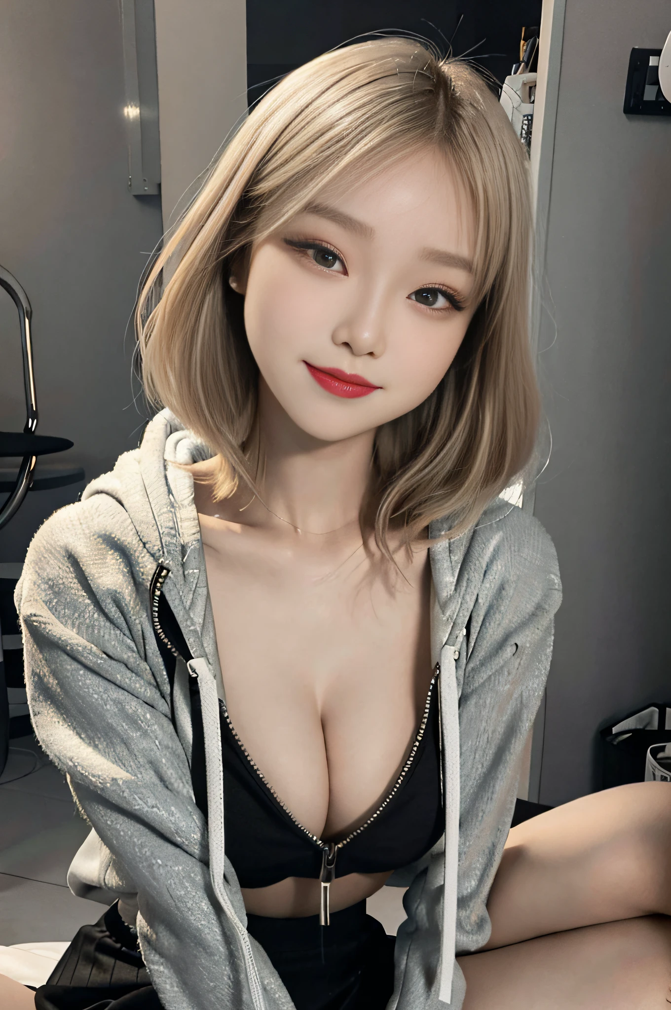 -yeld coKorean, big round breasts, only a little cleavage, zipped hoodie with open front, cropped top, skirt, beautiful eyes in every detail, eyelashes, beautiful double eyelids, eye shadow, slit eyes, perfect eye makeup, seductive smile, beautiful thin legs, bright blonde hair, bob cut, earrings,