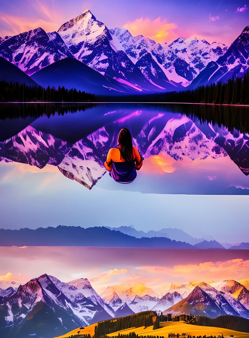 Beautiful woman crying in the rain looking at the sky, mountains picture background, purple sky, oil painting, ultra realistic, 4d cinema --$2 --auto