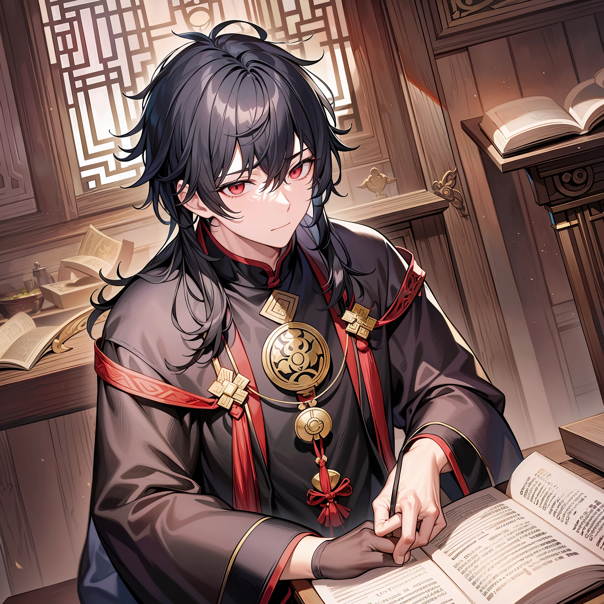 A black-haired Taoist priest in a red robe was sitting on a futon with a stone table with an ancient scripture book on it. He stared intently at the scriptures, seemingly undistracted and immersed in the path of practice he had learned. His face revealed a mysterious and quiet aura, and he was obviously a true master of profound cultivation.

His eyes are deep and clear, as if they can penetrate the depths of people's hearts. His black hair was scattered over his shoulders and swayed gently with his breathing, seemingly at one with nature. His silence made the room seem to be filled with a mysterious aura, making people dare not disturb him easily.

Although the hands of this Taoist priest were not placed in front of him, they were full of stable power. He slowly turned the pages of the scripture and nodded slightly, as if praising his discovery. There was a mysterious aura around him, as if to tell the world that he had transcended the ordinary realm and integrated into the universe. His calmness and understanding were the supreme realm that no other cultivator could match.