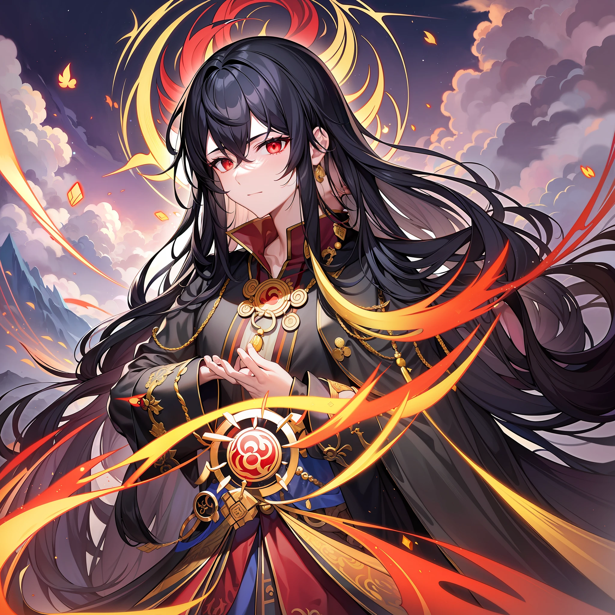A black-haired Taoist priest wearing a red Taoist robe stood on the top of the mountain and looked up into the distance, his face revealing a grandeur and majesty, and at the same time full of mysterious aura. His eyes are deep and bright, as if he can see through the secrets of people's hearts, and although his face is solemn, it exudes an affinity and warmth.
Embroidered with various symbols and strange words, this Taoist priest seemed to be an extremely advanced cultivator, possessing the extraordinary power of returning to the heavens. His long black hair fell scattered on his shoulders, and his expression was restrained and deep. His hands gripped the magic weapon tightly, as if he was ready to cast a spell at any time. Behind him is a vast mountain range, vast and magnificent, which is awe-inspiring.
At this time, he began to chant the incantation, and his voice was deep and loud, as if it resounded through the heavens and the earth. The red Daoist robe fluttered on his body, and it seemed to have some kind of inexplicable vitality. His body began to rise gradually, and his aura was overflowing with majesty. His eyes gradually closed, and his body slowly rose, as if at this moment, he had transcended the shackles of the world and merged into the embrace of nature.