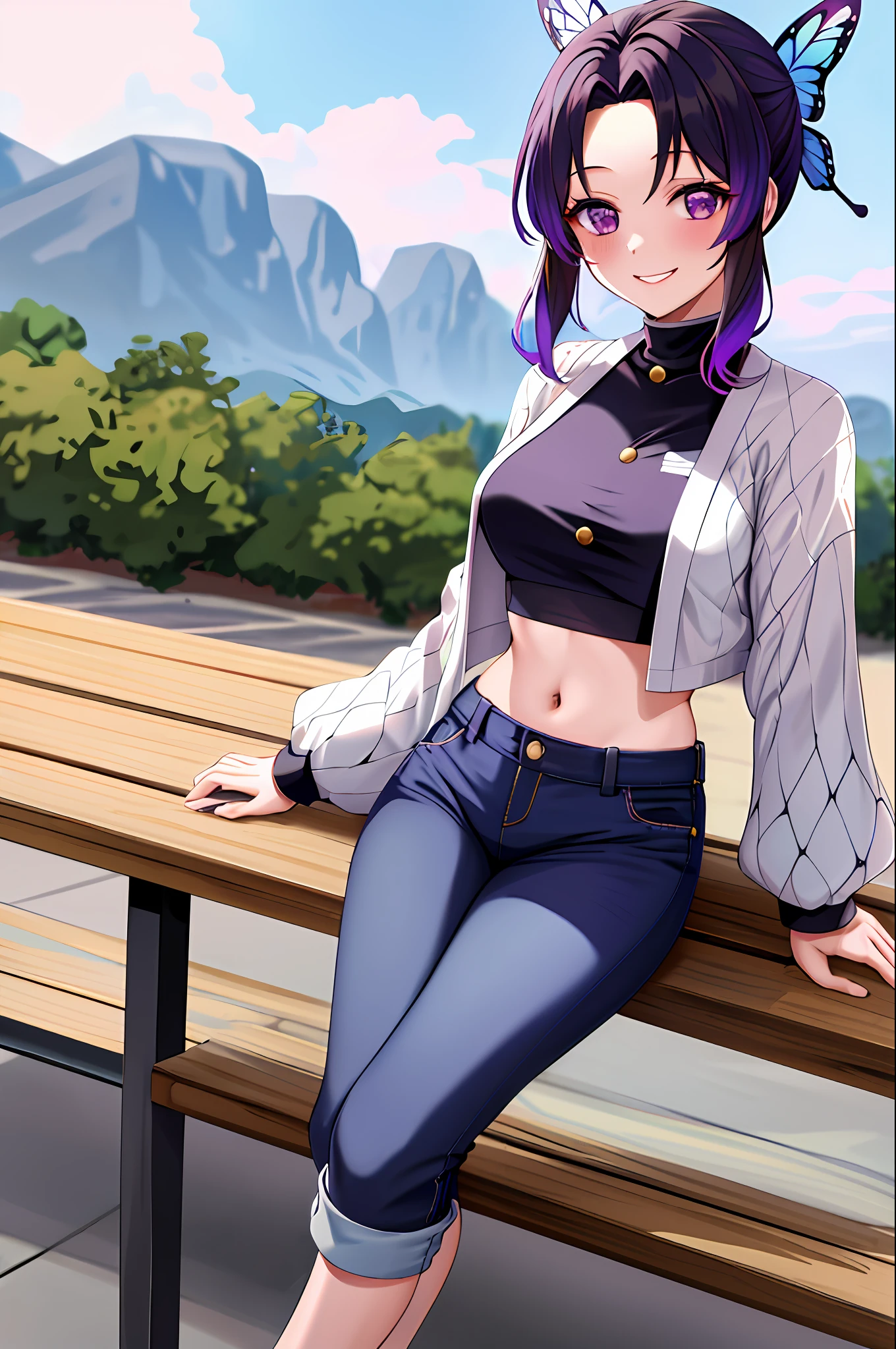 masterpiece, best quality, highres, 1girl, solo, kochou shinobu, butterfly hair ornament, purple eyes, multicolored hair, short hair, parted bangs, short jeans, crop top, turtleneck, navel, sitting, bench, outdoors, smile, white shirt, alternate crop top,  sexy pose, blush, shy, smile,