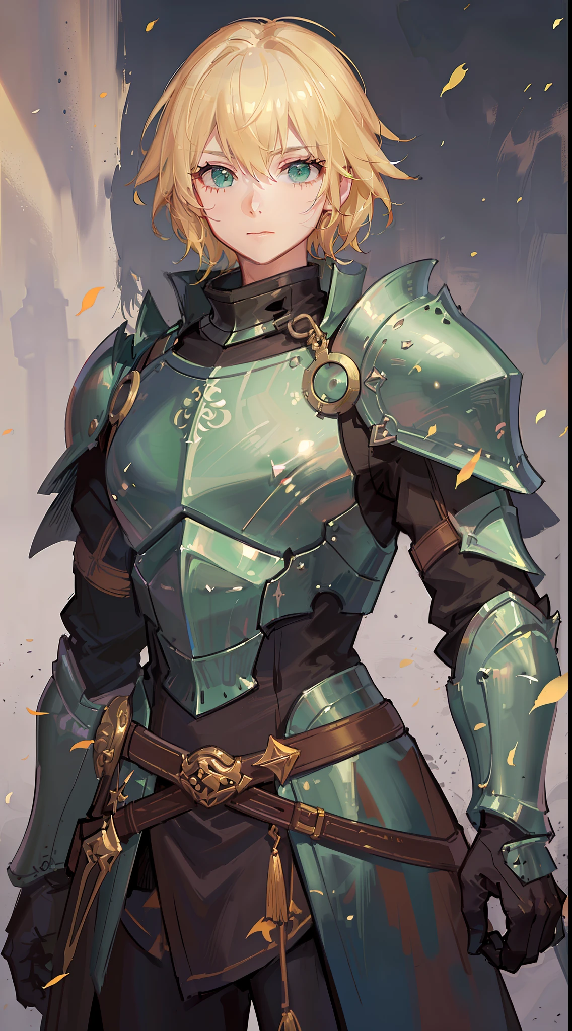 Young guy, short blonde hair, green eyes, scar on his face, light knightly armor, shield and sword, open hands, masterpiece, high quality