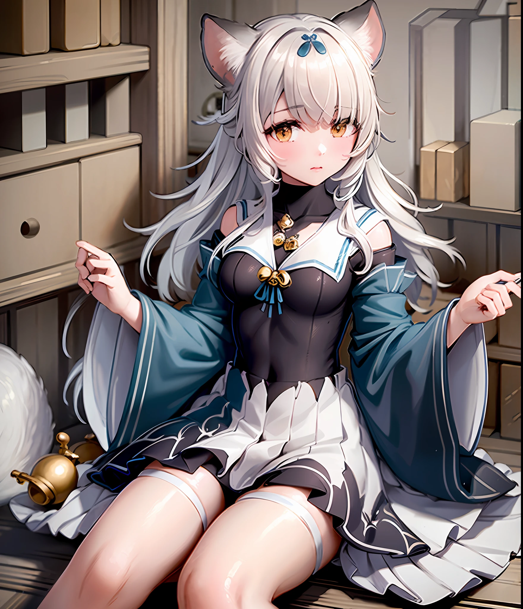 (Masterpiece: 1.2), (Best Quality), 4k, Ultra-detailed, (Dynamic composition: 1.4),,(finely detailed beautiful eyes and detailed face), Rich in detail and color, incredibly absurd, high quality, portrait, high resolution, miyuki_\\(Azure Lane)\\, 1girl, solo, multicolored hair, chest, (bell:0.9), tail, looking at the viewer, detailed eyes, animal ears, hair decoration, dress, ruffles, outdoor