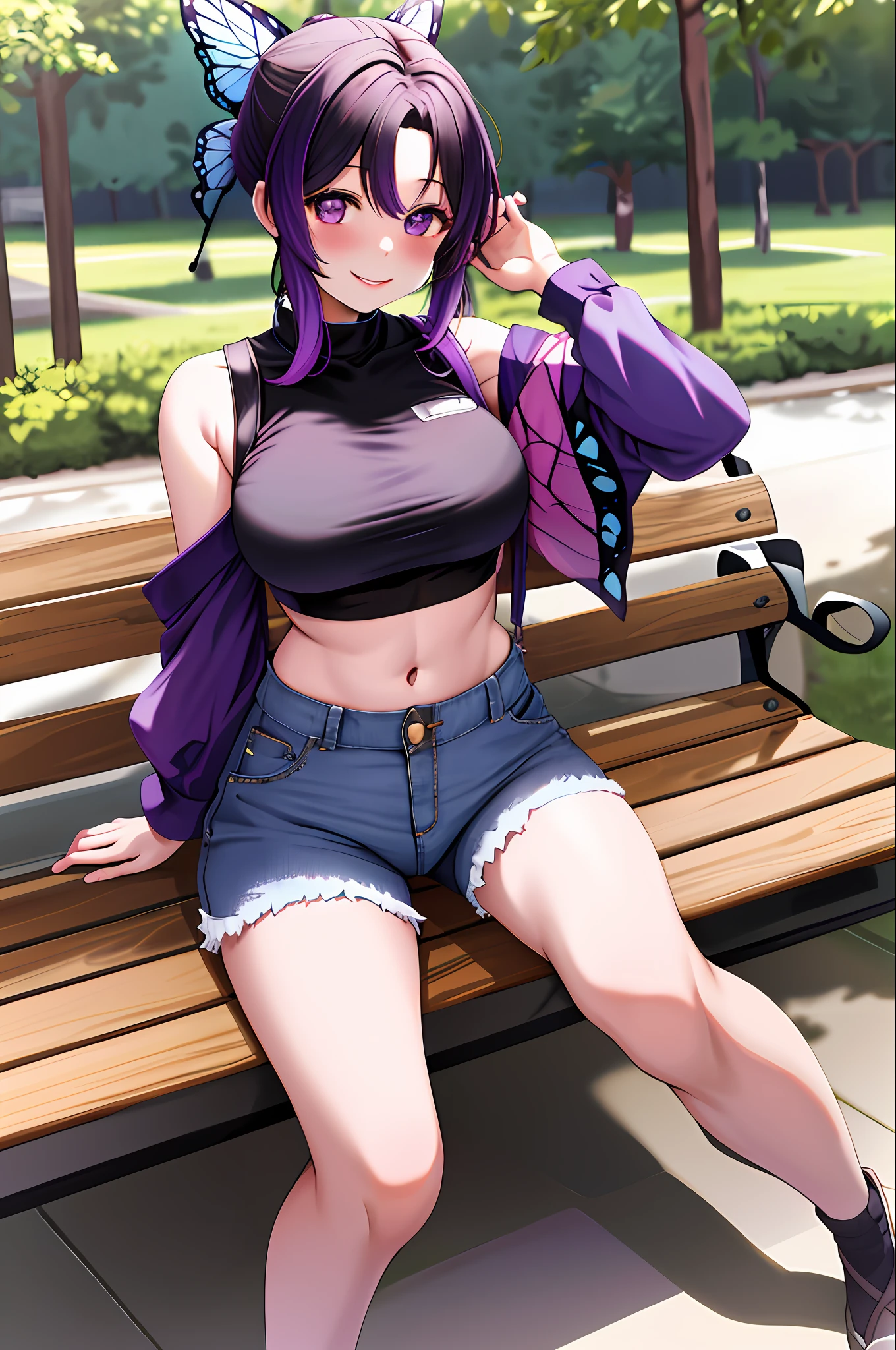 masterpiece, best quality, highres, 1girl, solo, kochou shinobu, butterfly hair ornament, purple eyes, multicolored hair, short hair, parted bangs, short jeans, crop top, turtleneck, navel, sitting, bench, outdoors, smile, white shirt, alternate crop top,  sexy pose, blush, shy, smile,