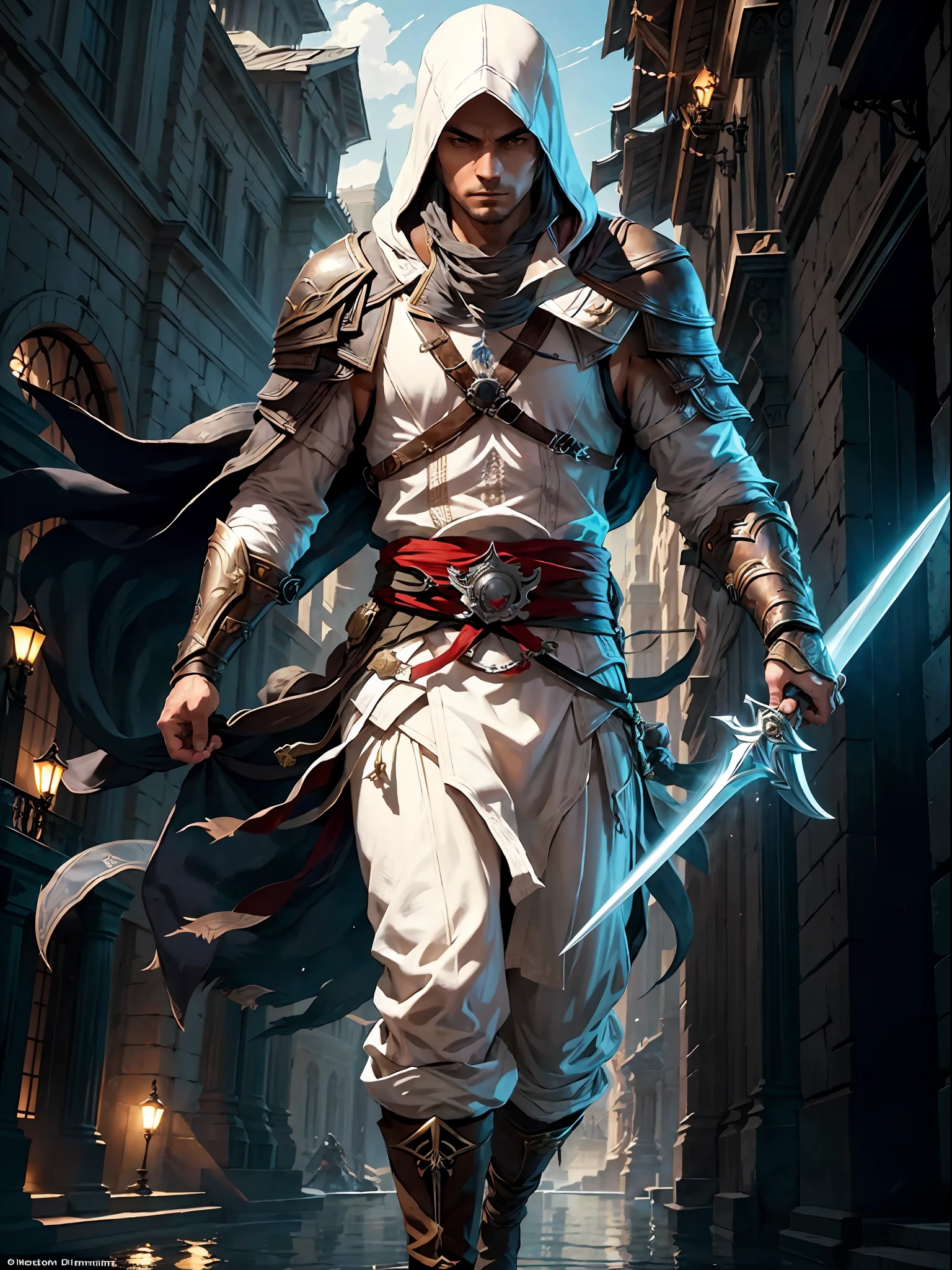 A highly-detailed masterpiece: Altair from Assassin's Creed in ultra-high resolution CG artwork. Best illumination and shadow effects to bring out the beauty of this skilled assassin. Captivating floating pose with his iconic hood equipped and his awakened sword shining, ready to strike with precision. Dynamic angle to show off his power and movement. Dark and moody aesthetic, with a touch of mystery and danger.