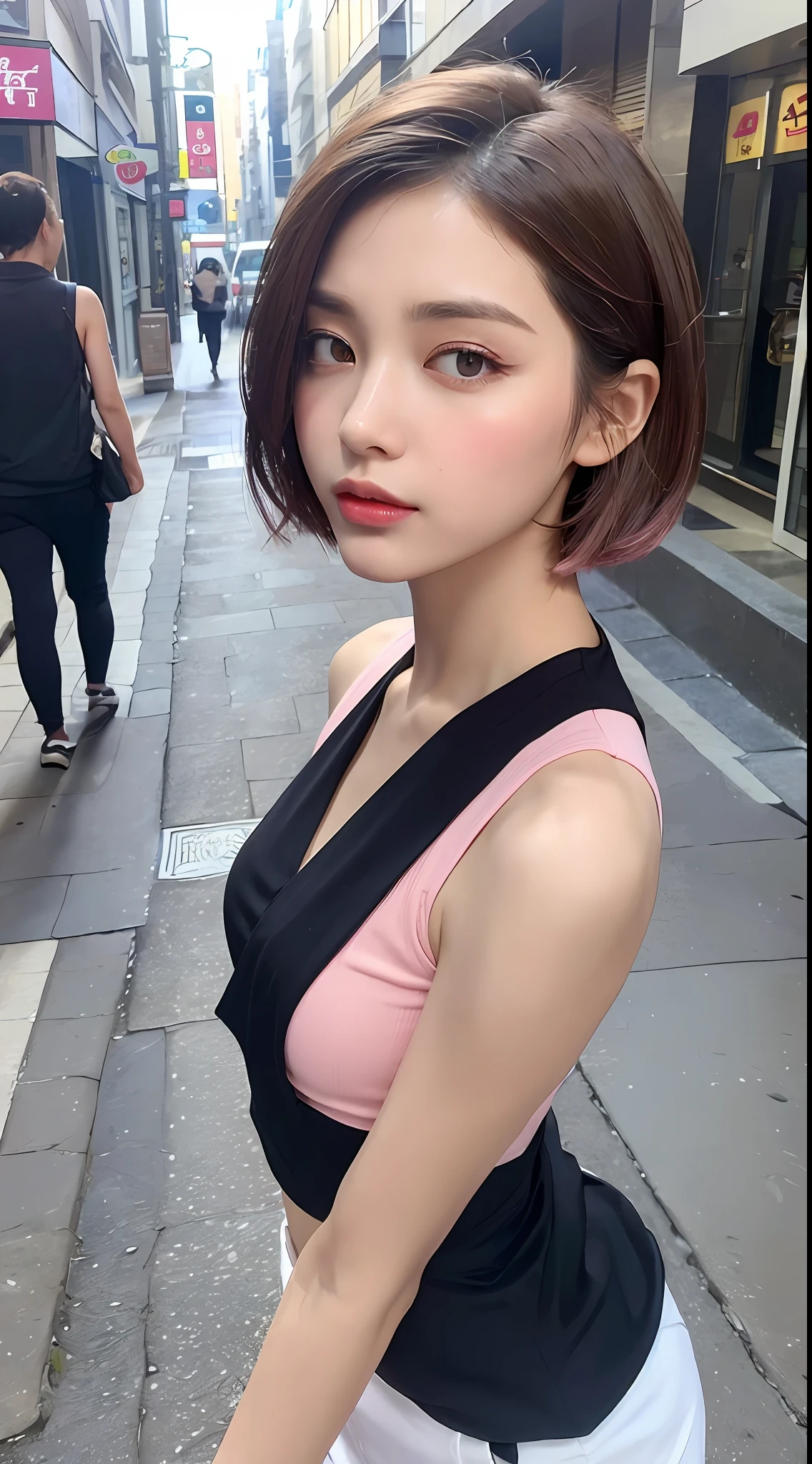 (Top Quality, 16k, Masterpiece: 1.3)), 1 Girl, Sharp Focus: 1.2, Beautiful Woman with Perfect Figure: 1.4, Slender Abs: 1.2, (((Short Bob Hair)), ((Small: 1.4)), ((Beautiful Face Idol: 1.3)), ((Pink Sleeveless 1.5)), Highly Detailed Face and Skin Texture, Detailed Eyes, Double Eyelids, (((Pause)), (Seductive)), Walking Street, modern urban building