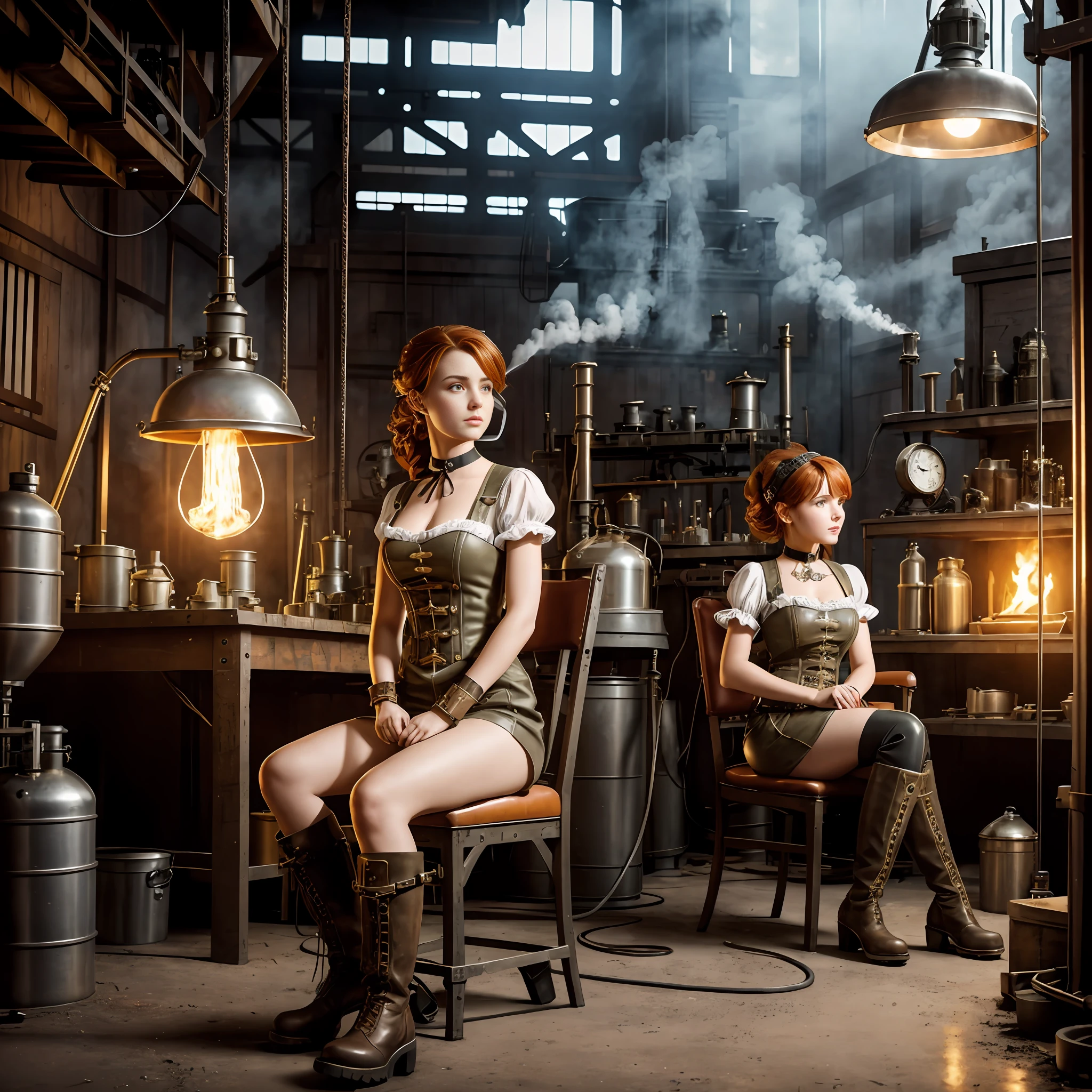 perfect anatomy, realistic character, hyper photorealism, very high contrast lighting, cinematic lighting, dramatic lighting, profile, shot from the back, from below, (((a girl on a chair is repairing a machine in the steamy smoky workshop))), (a 19 yo girl, (Ana de Armas:0.70), (redhead:1.1)), very cute, (perfect eyes:1.1), photorealistic wavy hair, a girl in a steampunk jumpsuit in light gray color, intercom headset, steampunk choker, long leather boots, perfect detailed face, detailed symmetric green eyes with circular iris, fixing a steam engine in the steampunk garage filled with steam and smoke, cogs and gears, steamy background with lots of steam pipes and steam valves and pressure gauges and gears, intricate background, very highly detailed costume, very highly detailed background, steampunk fantasy style, steampunk , steampunk aesthetic, steamy, smoky