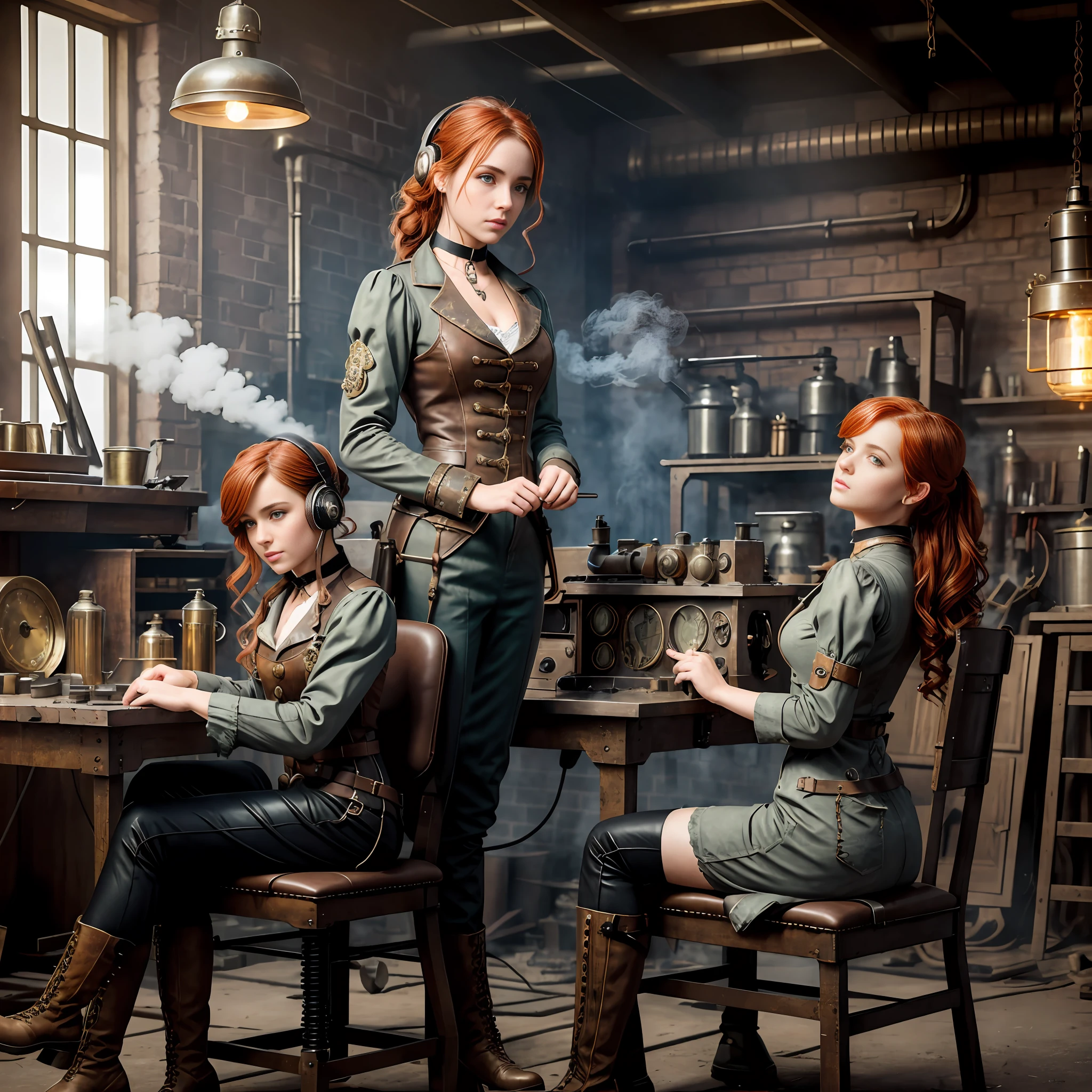 perfect anatomy, realistic character, hyper photorealism, very high contrast lighting, cinematic lighting, dramatic lighting, profile, shot from the back, from below, (((a girl on a chair is repairing a machine in the steamy smoky workshop))), (a 19 yo girl, (Ana de Armas:0.70), (redhead:1.1)), very cute, (perfect eyes:1.1), photorealistic wavy hair, a girl in a steampunk jumpsuit in light gray color, intercom headset, steampunk choker, long leather boots, perfect detailed face, detailed symmetric green eyes with circular iris, fixing a steam engine in the steampunk garage filled with steam and smoke, cogs and gears, steamy background with lots of steam pipes and steam valves and pressure gauges and gears, intricate background, very highly detailed costume, very highly detailed background, steampunk fantasy style, steampunk , steampunk aesthetic, steamy, smoky