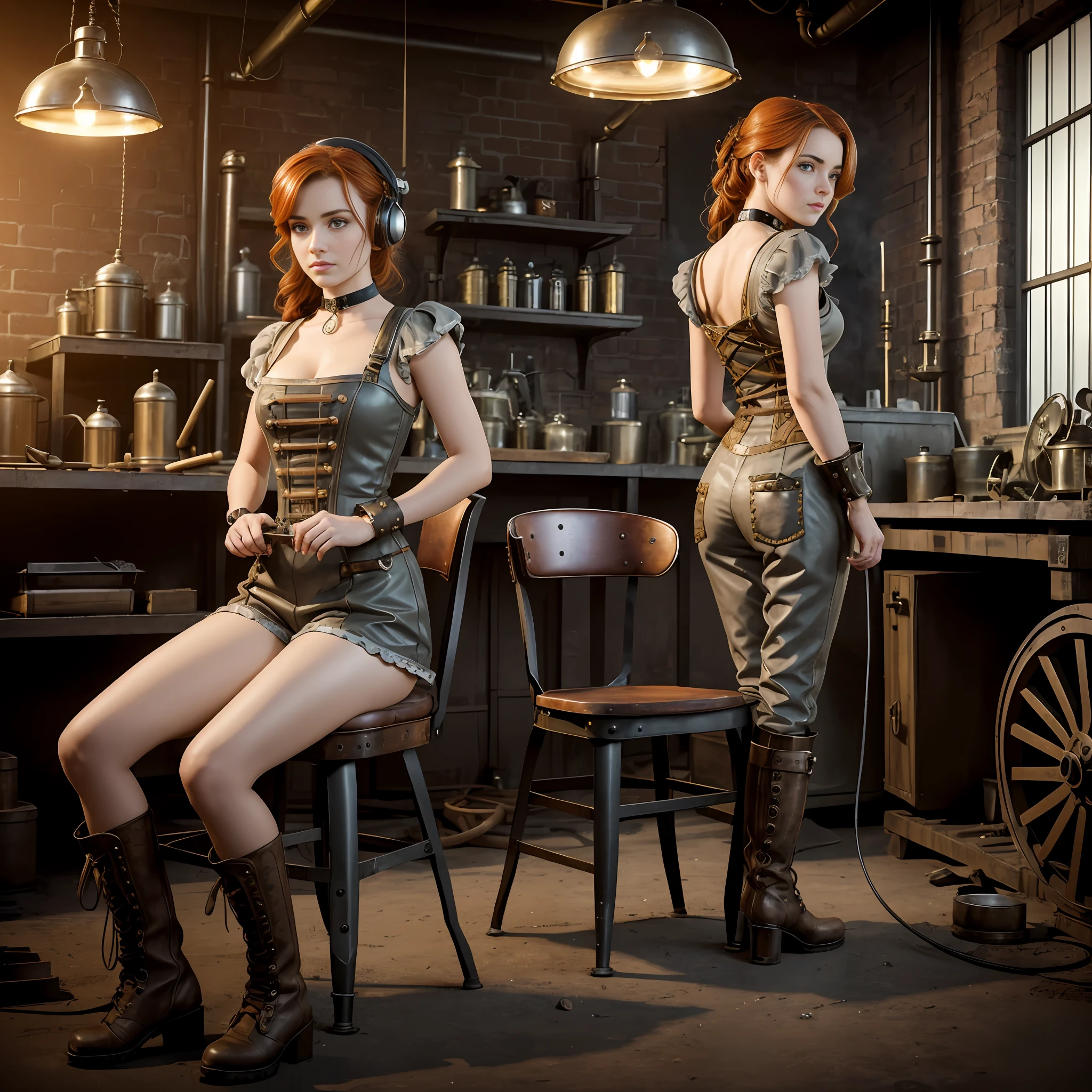 perfect anatomy, realistic character, hyper photorealism, very high contrast lighting, cinematic lighting, dramatic lighting, profile, shot from the back, from below, (((a girl on a chair is repairing a machine in the steamy smoky workshop))), (a 19 yo girl, (Ana de Armas:0.70), (redhead:1.1)), very cute, (perfect eyes:1.1), photorealistic wavy hair, a girl in a steampunk jumpsuit in light gray color, intercom headset, steampunk choker, long leather boots, perfect detailed face, detailed symmetric green eyes with circular iris, fixing a steam engine in the steampunk garage filled with steam and smoke, cogs and gears, steamy background with lots of steam pipes and steam valves and pressure gauges and gears, intricate background, very highly detailed costume, very highly detailed background, steampunk fantasy style, steampunk , steampunk aesthetic, steamy, smoky