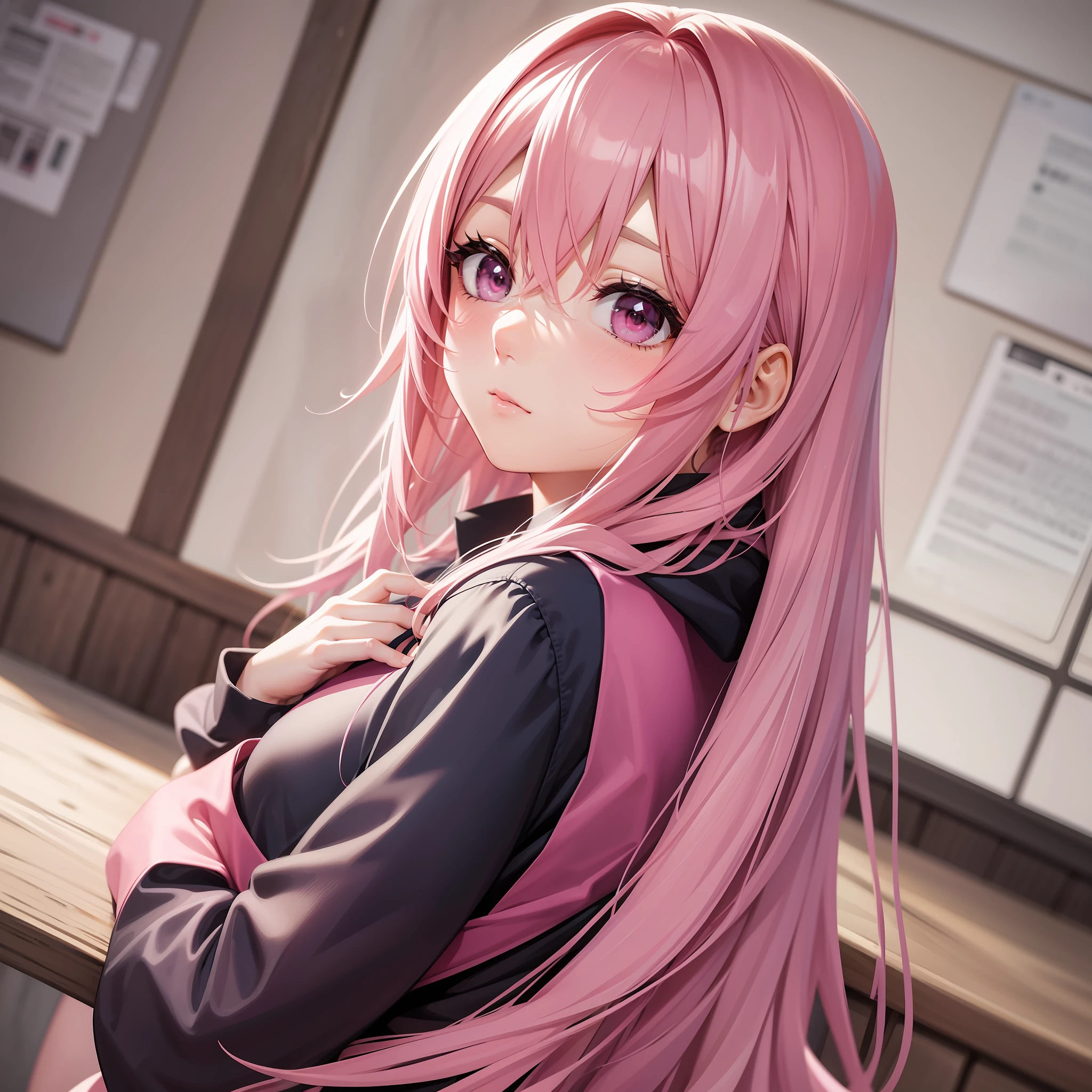 Girl Hugging Pink Hair Long Hair School Top Quality Masterpiece