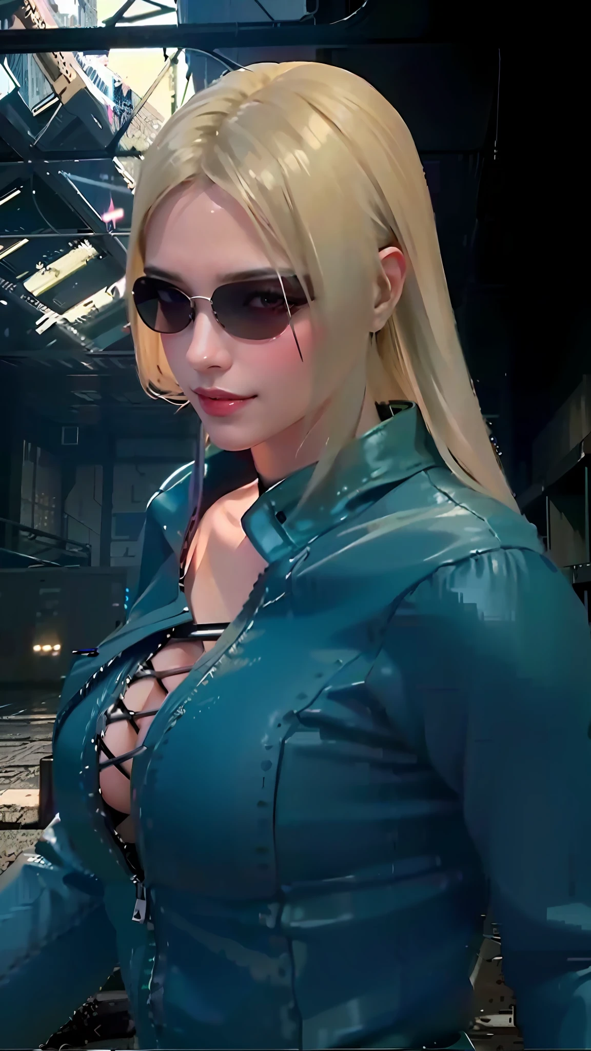 Lolita, smiling, 20 years old, ((best quality)), ((masterpiece)), (high definition:1.3), 3d, beautiful (cyberpunk:1.3), stylish woman looking at camera green leather clothes, blue-black leather pants, silver zipper,belt below the waist,super fine illustration,blond hair , showing forehead, silver center zipper, leather blue black ????????, sleevelesblue blacks, shiny,