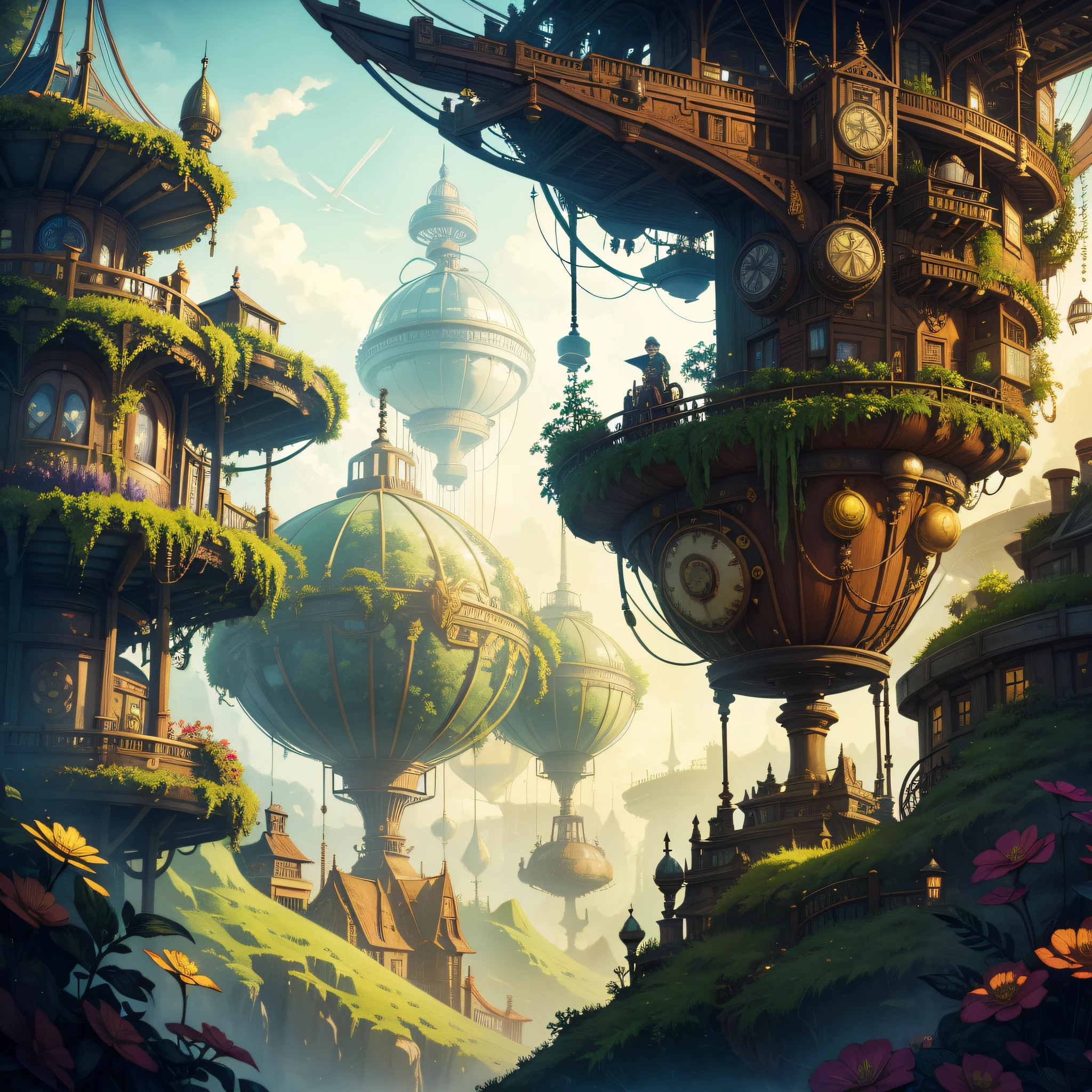 A psychedelic steampunk world where botanical gardens are cultivated in the hulls of airships, floating gently in the sky.