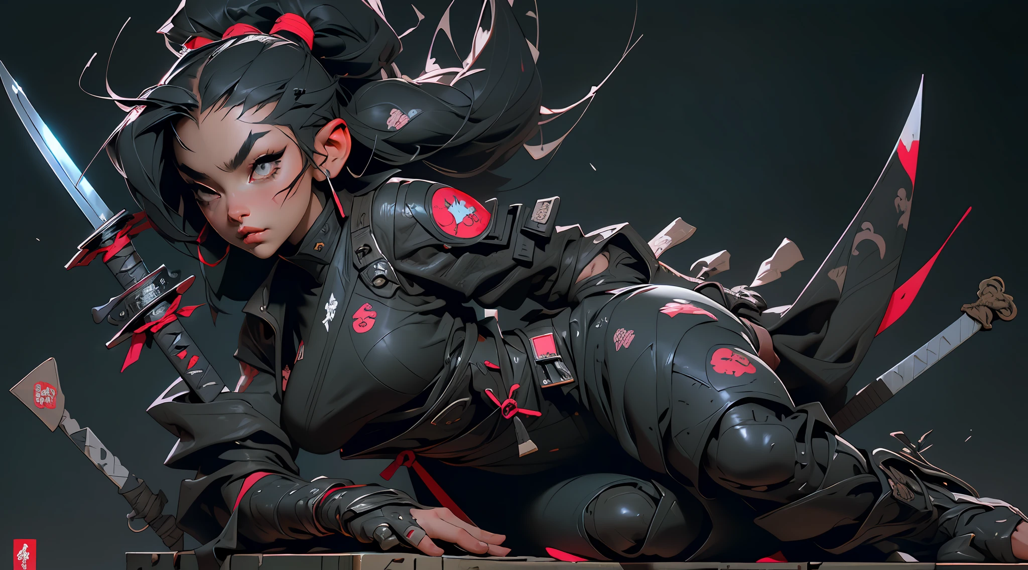 a woman sitting on a box with two swords in her hand, very beautiful cyberpunk samurai, wearing japanese techwear, wearing techwear and armor, anime cosplay, photograph of a techwear woman, cyberpunk samurai, cyberpunk streetwear, samurai style, techwear fashion, future techwear, samurai outfit, anime girl cosplay, techwear look and clothes, cyberpunk nun warrior, techwear