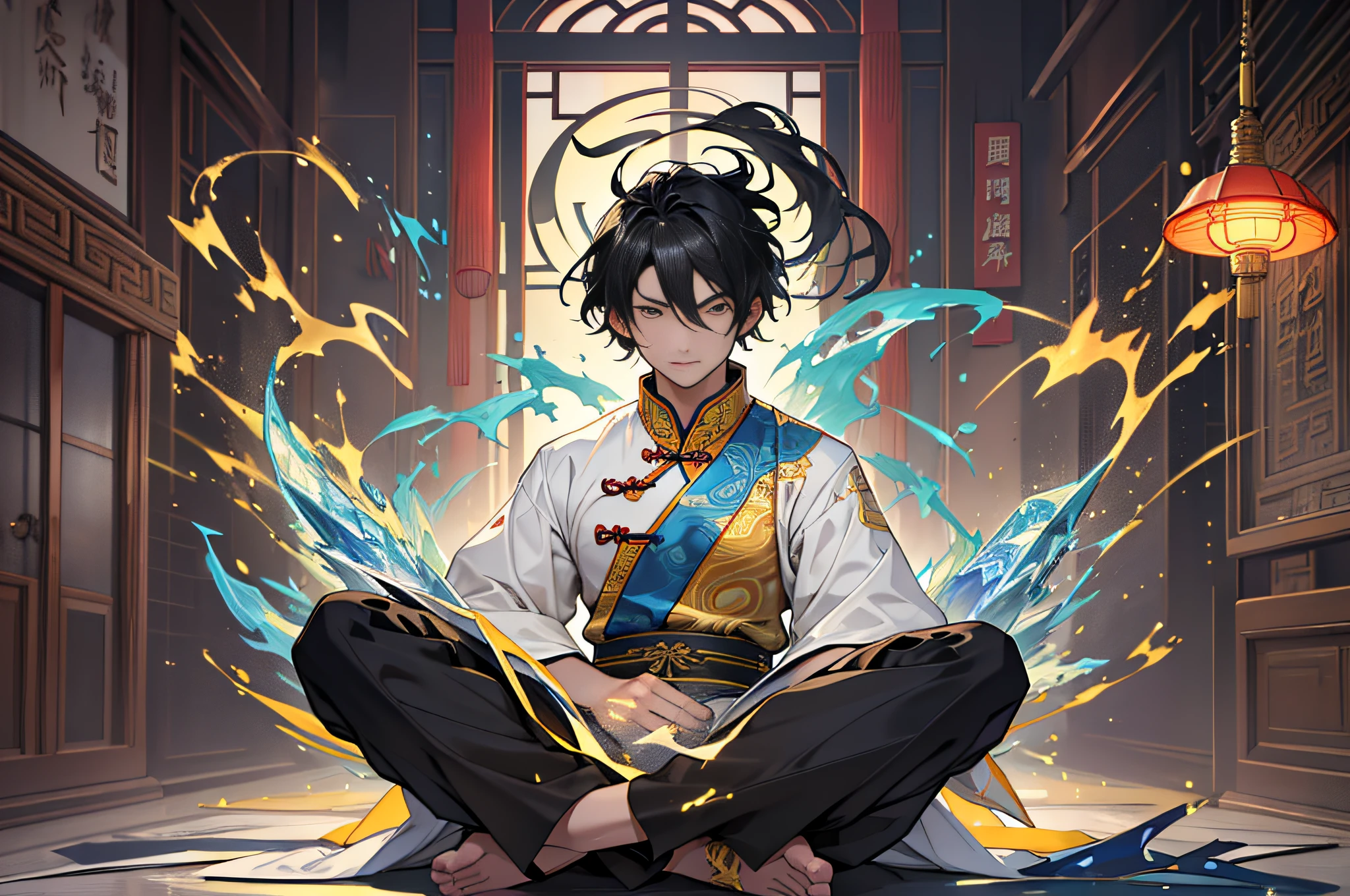 Best quality, masterpiece, high resolution, 1boy, ancient Chinese, 18 years old, short black hair, black swirling swirl, inside the house, white pajamas, sitting cross-legged, cultivation, practice, elemental mage engulfed in blue flame and yellow lightning, color chaos, gold and ice tones, 4k, 8k. Chinese ancient style. (High Detail Skin: 1.2), 8K UHD, DSLR, Soft Light, High Quality, Volumetric Light, Voyeur, Photo, High Resolution, 4K, 8K.