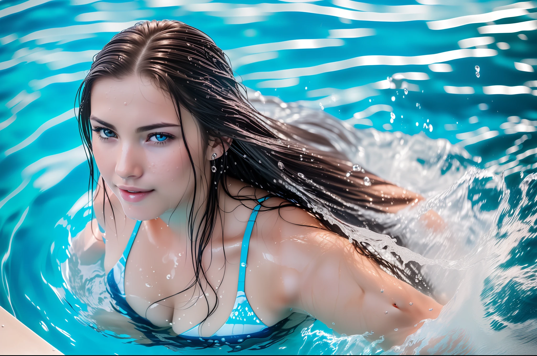 High angle shot photo, High angle view from above, Ultra detailed photo of face of beautiful woman, rise from water, the pool, looking to the camera, high angle view, high angle shot, long hair, splashing waters and water drops around her, hyper realistic, photorealistic, chiaroscuro, high angle view, woman in pool, splashing waters