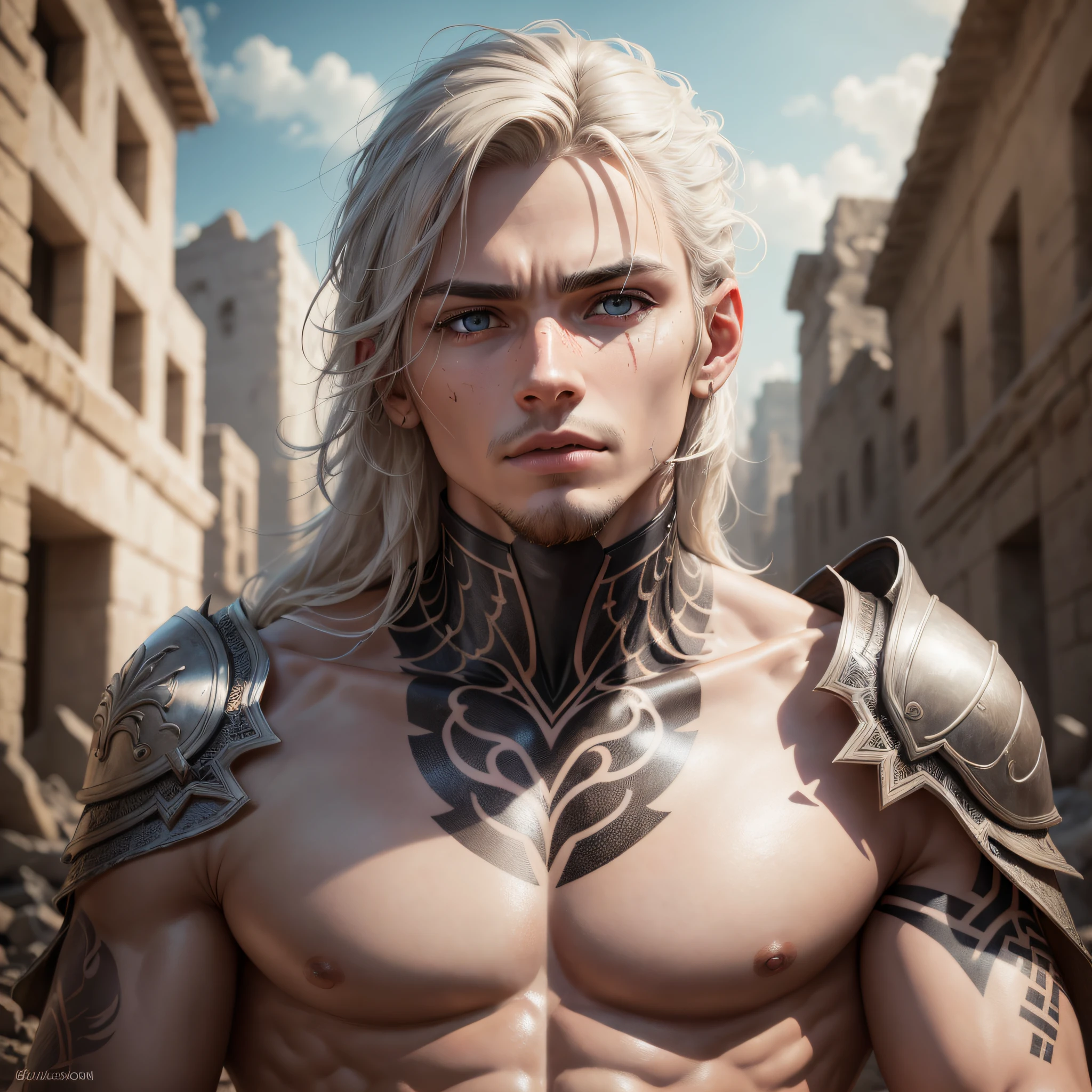 RAW photo, photography, photorealistic, Bold RAW photo Attractive young twink in ancient armor, on the ruins of the city. He has a tense look, detailed skin (with very detailed tattoos: 1.1), thin eyes. sporty body, skin texture, leather, details, natural light, clear focus, cinematic, crystal clear, intricate details, 16 years old, guy, extremely realistic, high quality, very detailed, dramatic lighting, digital art trends on Artstation 8k HD detailed realistic, detailed, skin texture, super detailed, realistic skin texture, The picture was taken with a professional camera with a shallow depth of field, which creates a feeling of naturalness and rawness. The lighting is soft and adds a mysterious atmosphere to the scene. The image is highly detailed, cinematic. --auto --s2