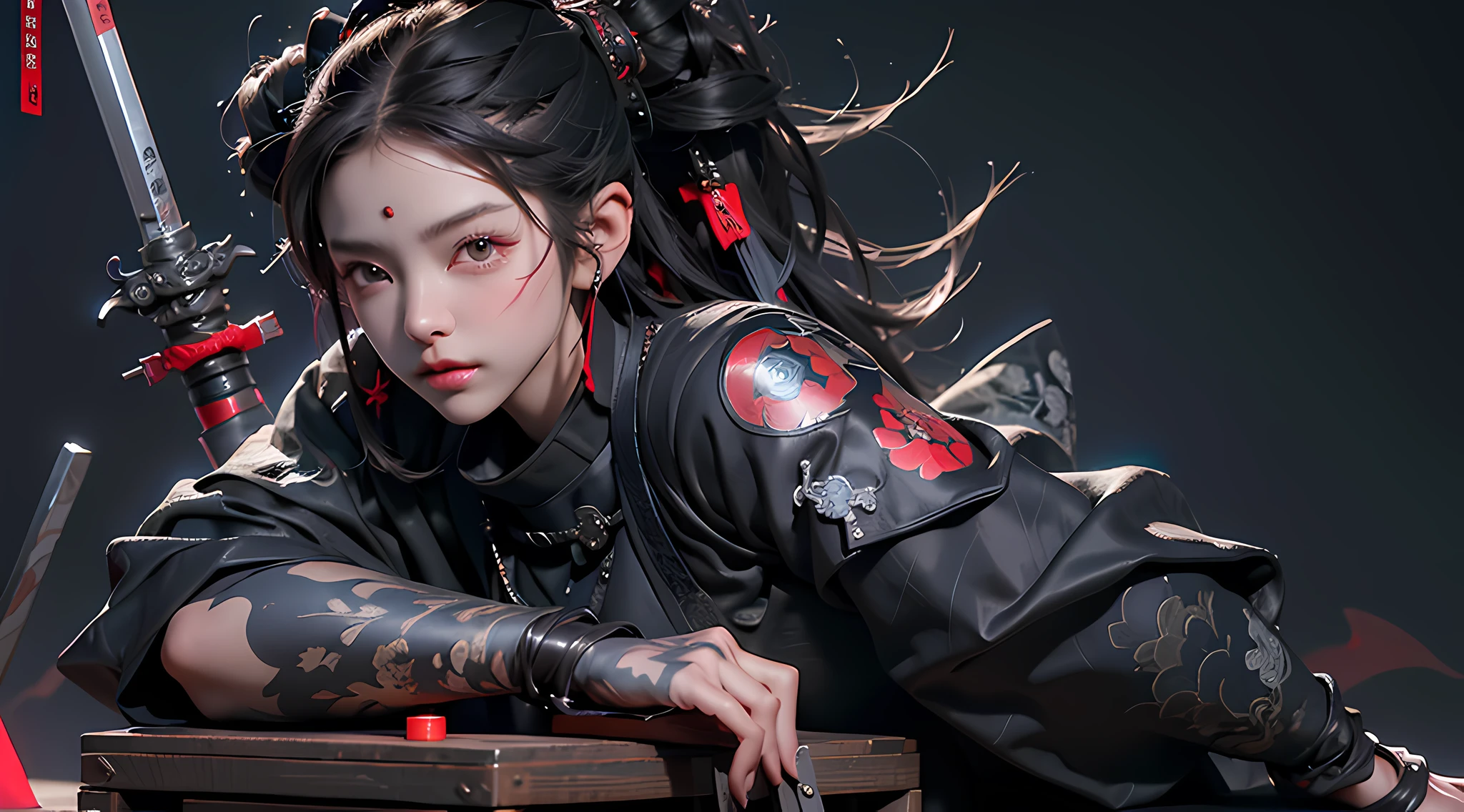 a woman sitting on a box with two swords in her hand, very beautiful cyberpunk samurai, wearing japanese techwear, wearing techwear and armor, anime cosplay, photograph of a techwear woman, cyberpunk samurai, cyberpunk streetwear, samurai style, techwear fashion, future techwear, samurai outfit, anime girl cosplay, techwear look and clothes, cyberpunk nun warrior, techwear