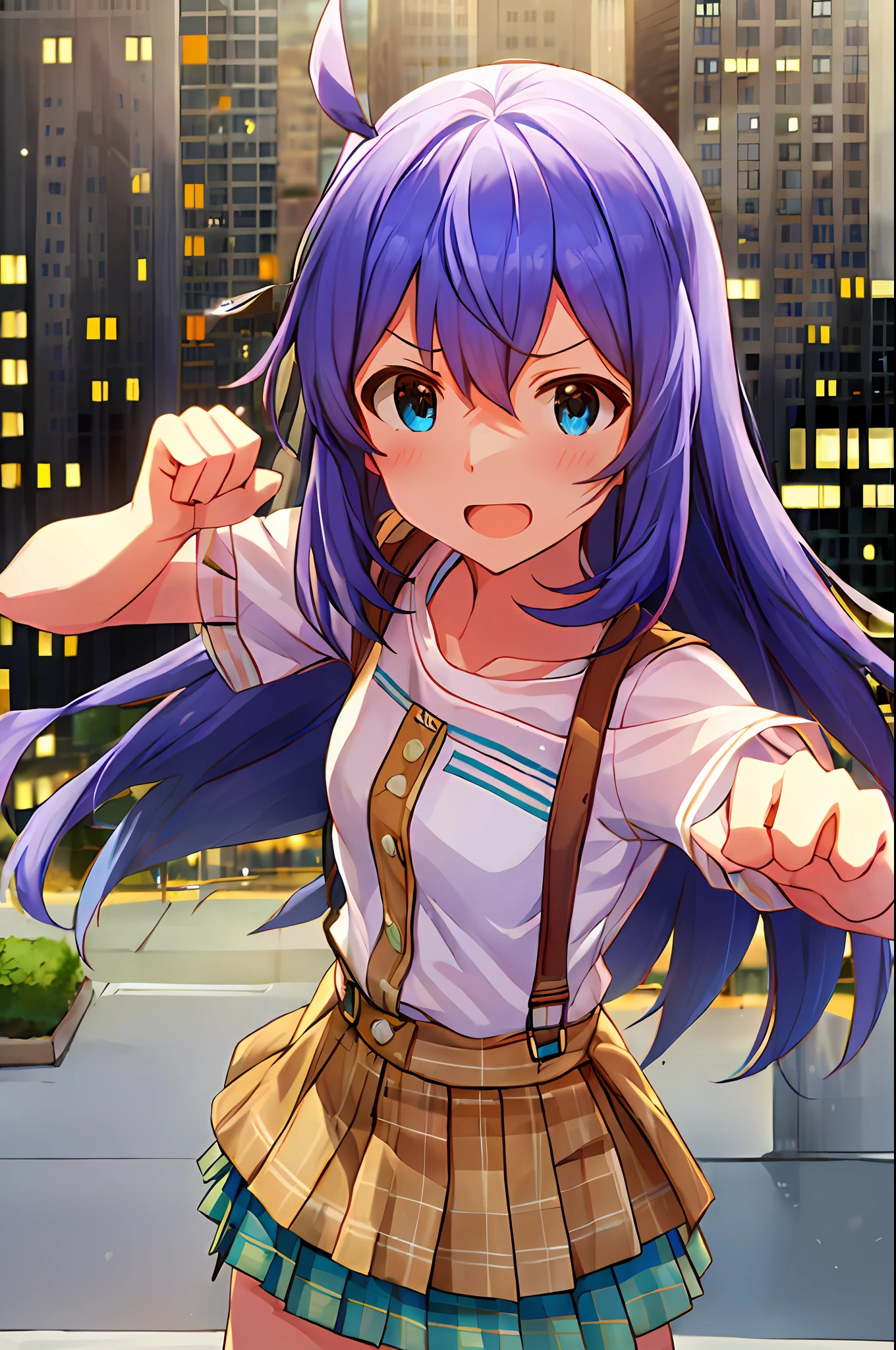 Anna Mochizuki (Million Live), (Top Quality, 8K, Masterpiece, Super Detail: 1.2), 1 Girl, Solo,, Smile, Open Mouth, V, Watch Audience, Blush, Clavicle, Bow, Ribbon, Blue Bow.Suspenders.White T-shirt.Skirt. (((fighting stance))).,dynamic focus.small breasts(((外)))). (((fighting stance))).,((((Giantization))).dynamic focus.small breasts. (((skyscrapers))). (((Cityscape))). (((Face of sadness))). open mouth.