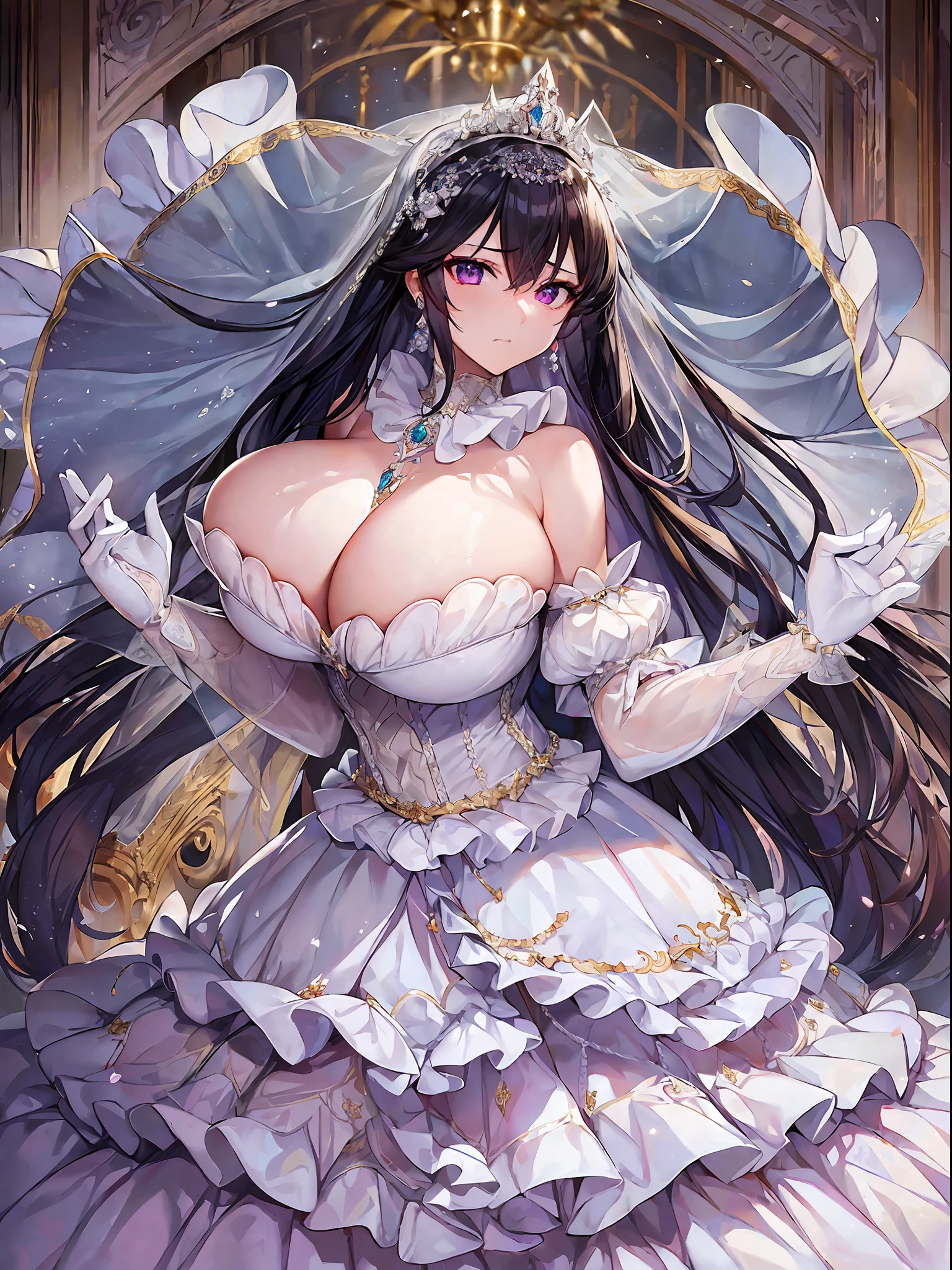 ((anime artstyle)),(Masterpiece), (Best Quality), (Super Detail), Illustration, (((Very Delicate and Beautiful))),Dynamic Angle,Looking at viewer,((((Solo)))),(((Full body))),(((1 arrogant empress in See-through white wedding dress having a wedding ceremony in a royal palace))),(standing),(((embarrassed))),anguish,Purple eyes,(Sharp eyes),Detailed Face, Long Eyelashes,Jet Black Hair,Straight Hair,((Very Long Hair)),Bangs between eyes,,gleaming skin,((((gigantic breasts)))),cleavage,((skindentation)),curvy,off shoulder,See-through,(((fusion of See-through white wedding dress and white rococo ball gown))),(fluffy See-through white wedding dress with gorgeous embroidery),(((big bow))),(((hoop skirt))),long skirt,corset,crinoline,long bridal veil,ultra long gloves,Beautifully Gorgeous jeweled big tiara,Beautifully Gorgeous gem earrings,Beautifully Gorgeous jeweled necklace,Beautifully Gorgeous jeweled ornaments,indoor,white lily flowers, flower petals flowing,Stained glass,light particles,Sacred Light
