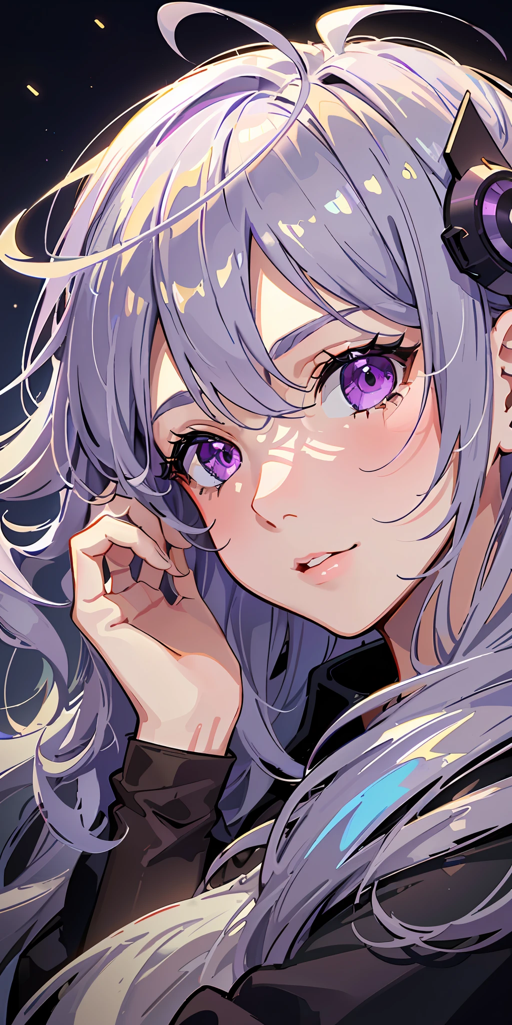 (HD image quality, best quality, super detailed, wallpaper level CG image: 1.1), (excellent light and shadow effects, charming atmosphere), girl 1 person, gray hair, colorful hair color, purple eyes, wearing mask, lateral natural light, (light particles: 1.15).