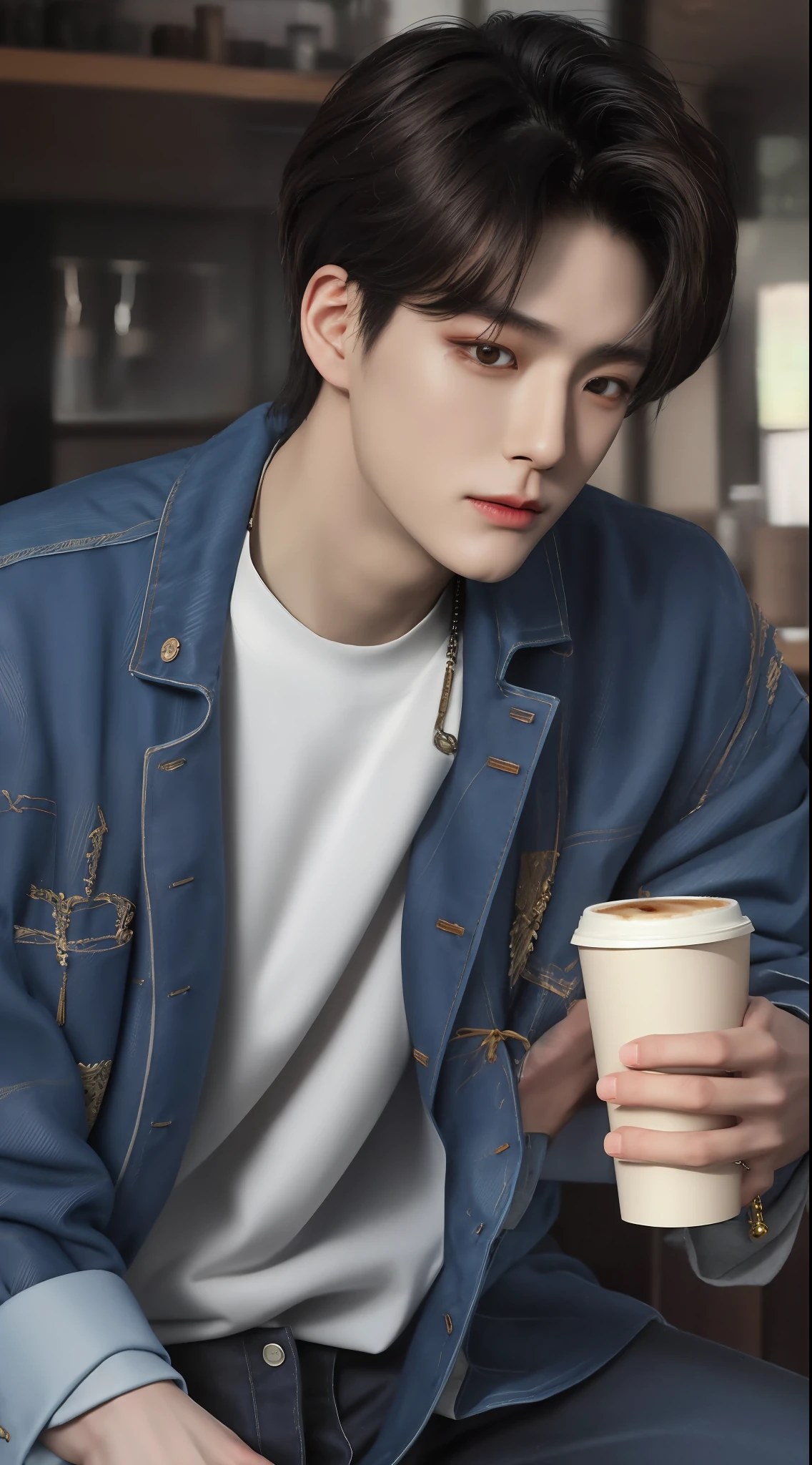 Best quality, super high resolution, super detail, style empire, realistic, cinematic. A handsome Korean man with thick eyebrows, staring eyes, brown skin, shiny skin, black hair. He wore a denim jacket with a white shirt underneath, jeans. He was in the café, drinking coffee. Half-portrait, medium length close-up.