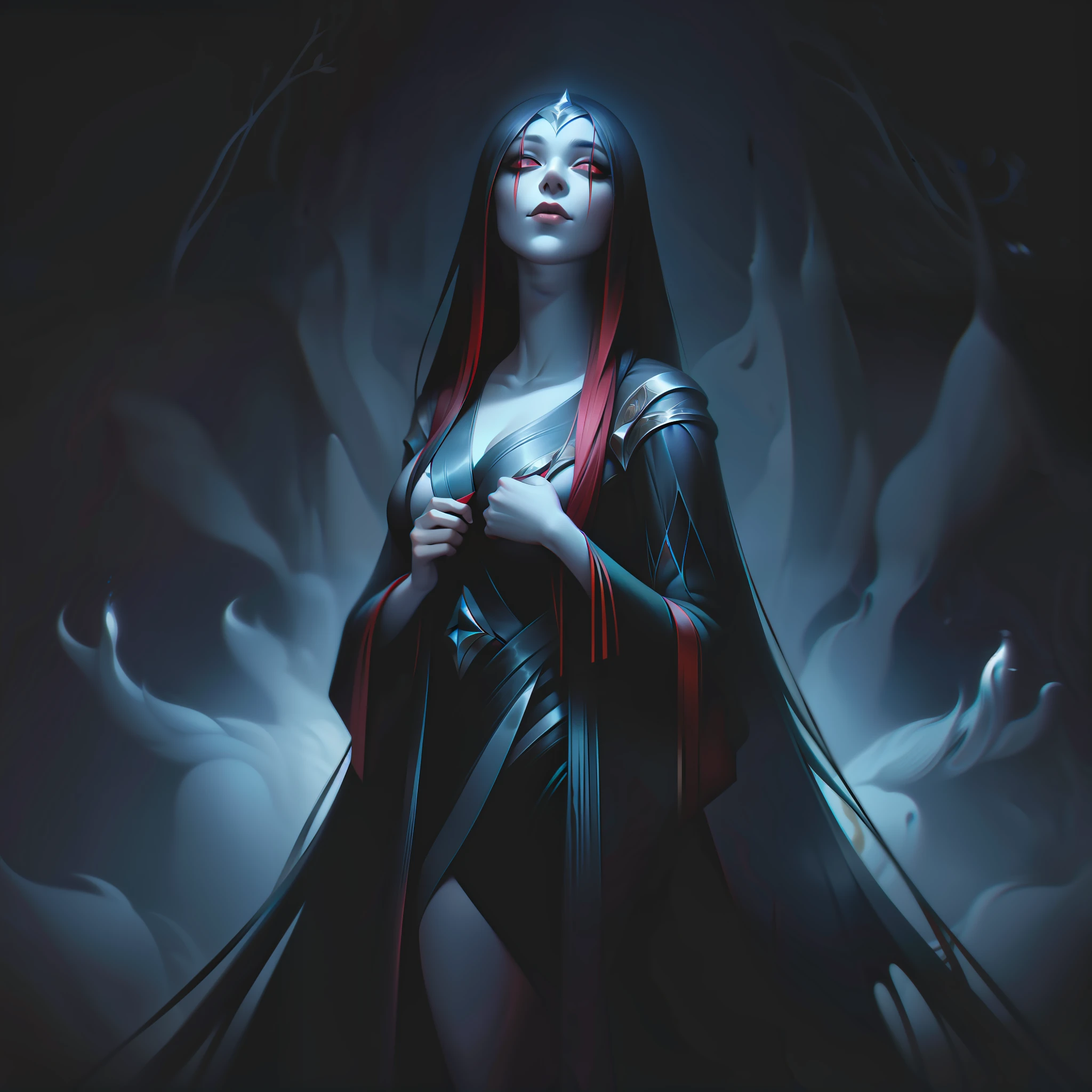 a woman with straight long hair in a congregation of witches, ritual, mystic forest, caitlyin lol, splashart, splashart from League of Legends, art, brushstroke, masterpiece, 8k, ultra detailed, HD